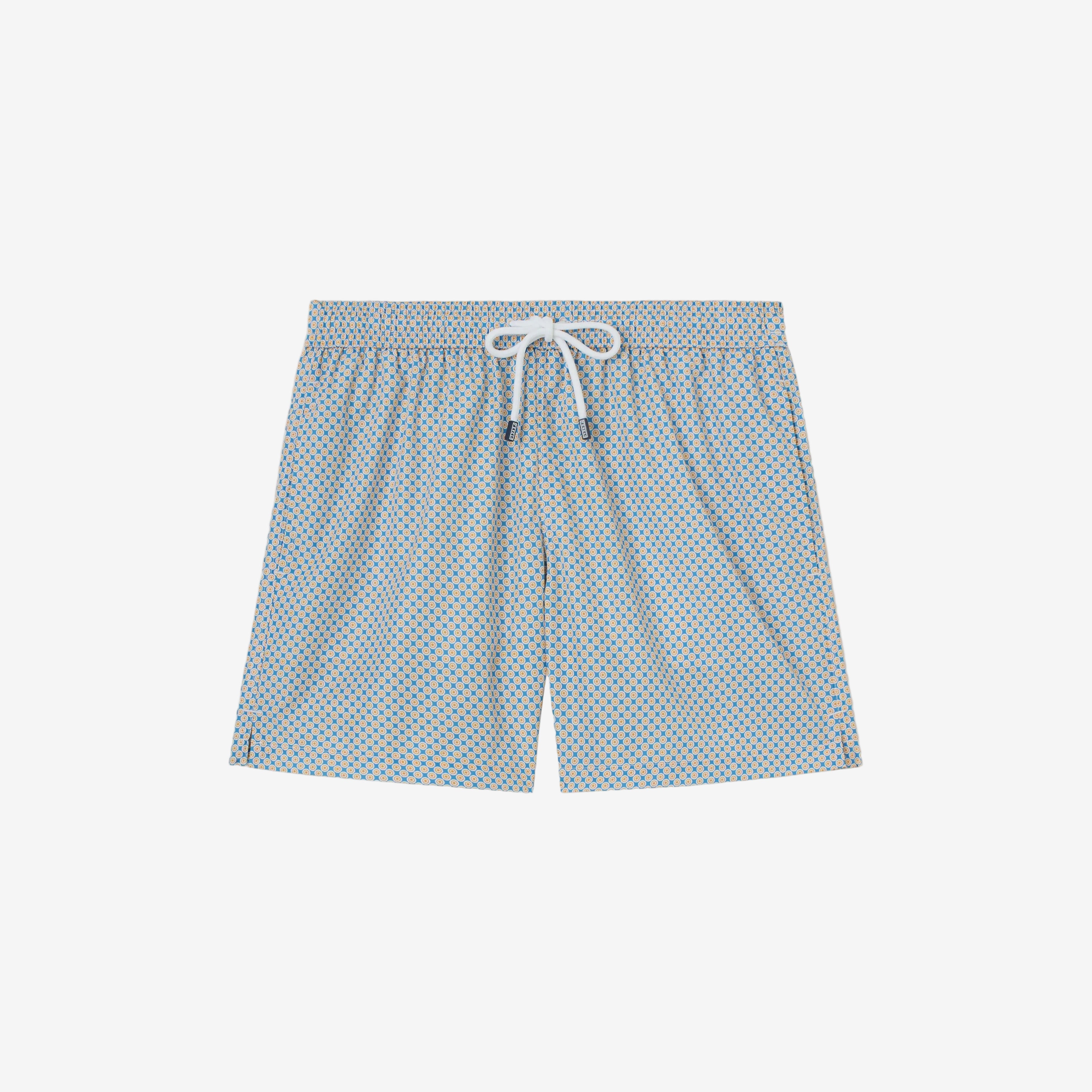Blue checkered shorts with a white drawstring on a beige background