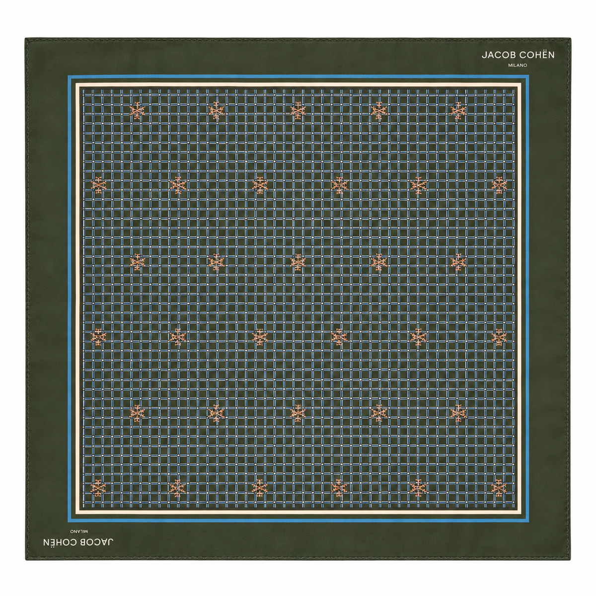 Dark green cotton bandana with a small geometric monogram pattern, included with the jeans