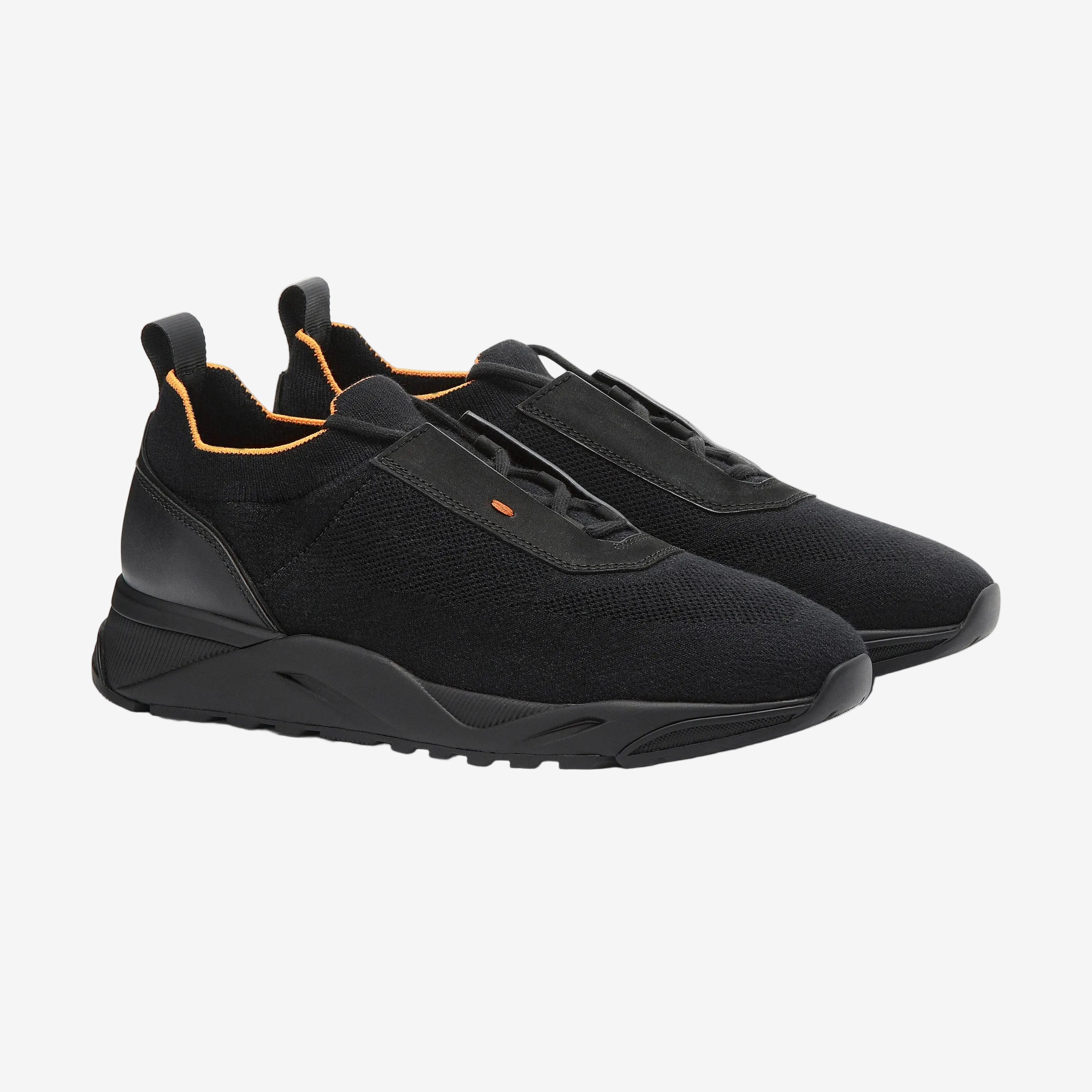 black stretch knit and leather sneaker