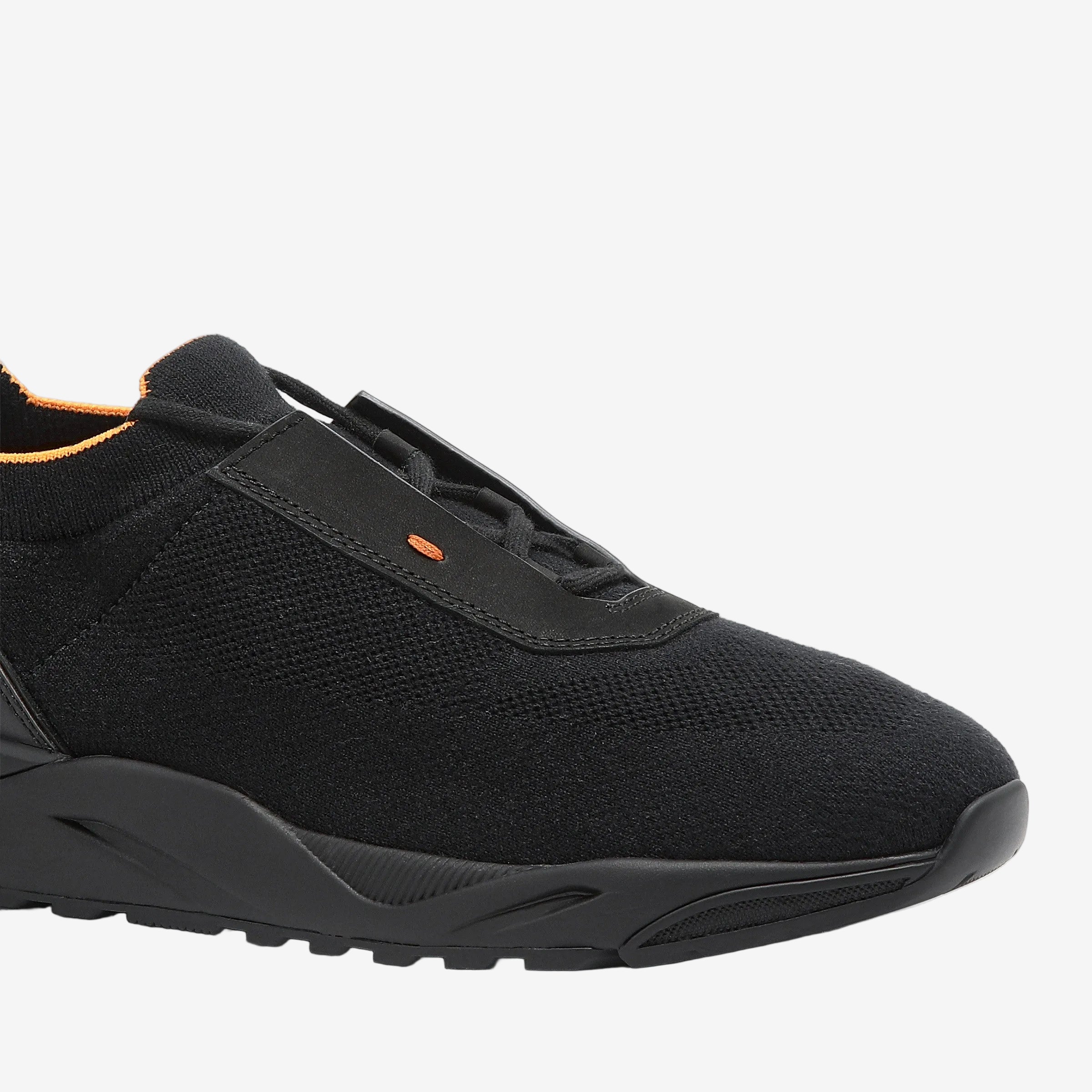 black stretch knit and leather sneaker
