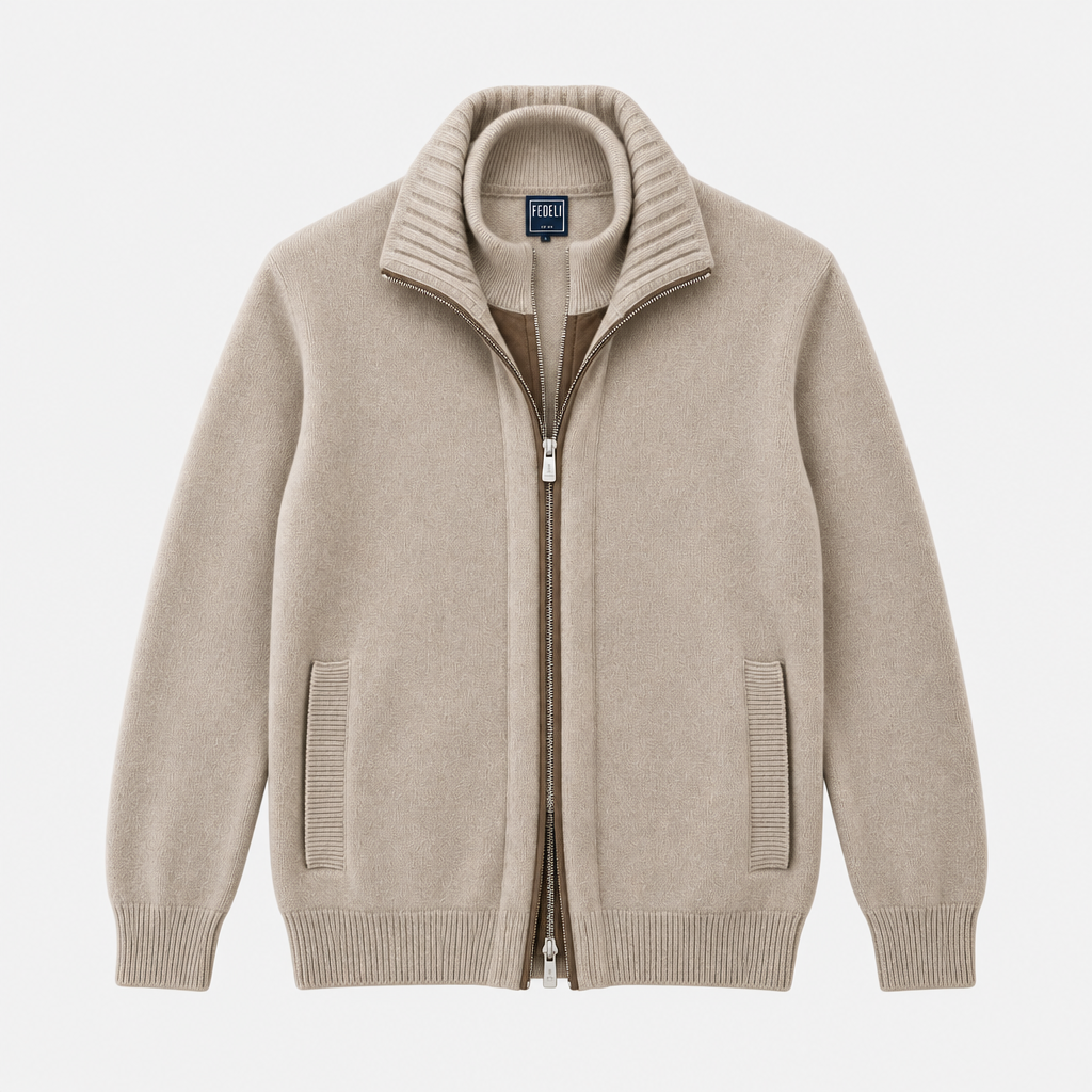 Chaqueta cachemira y ante beige doble cremallera