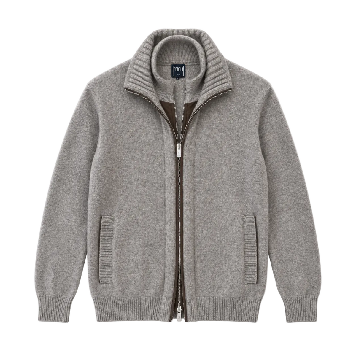 Strickjacke aus beigem Kaschmir und Wildleder, mit doppeltem Reißverschluss