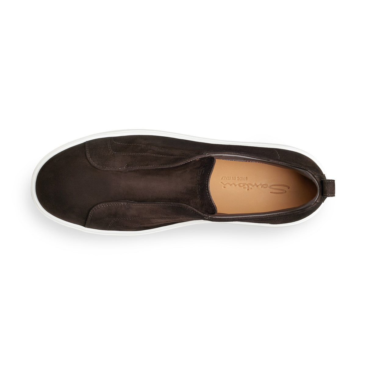 A top-down view of a dark brown suede slip-on sneaker by Sapatelli, featuring a white rubber sole and a tan insole with the brand name 'Sapatelli' visible.