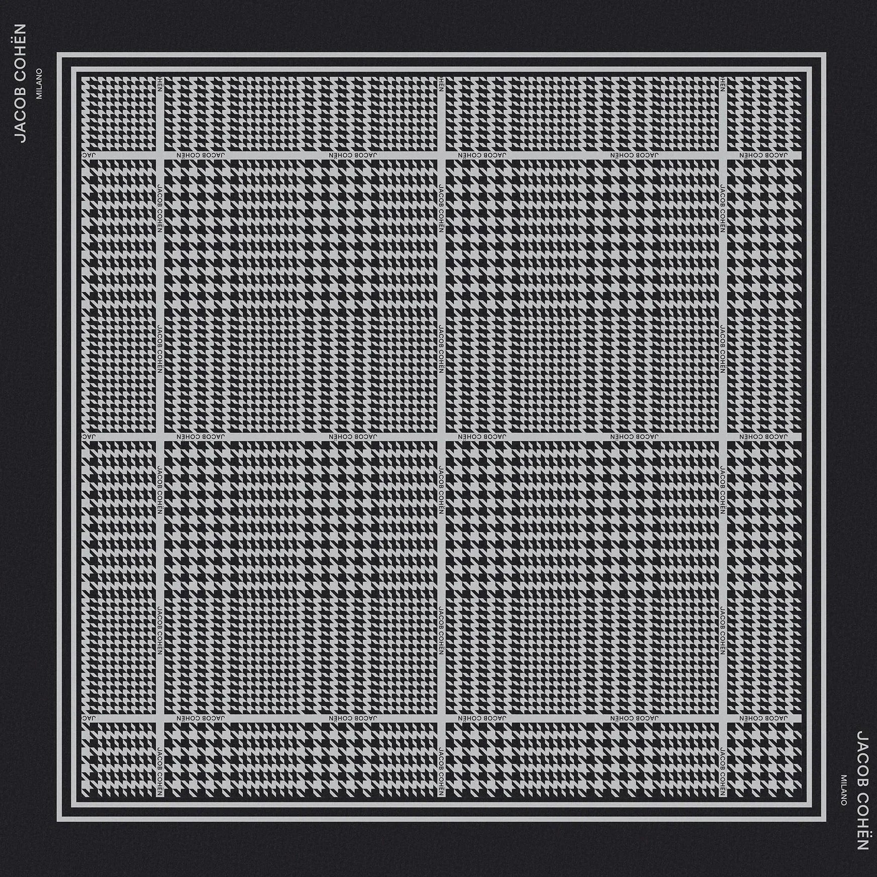 A square Bandana by Jacob Cohen, featuring a black and white geometric grid and houndstooth pattern, presented flat against a light beige background.
