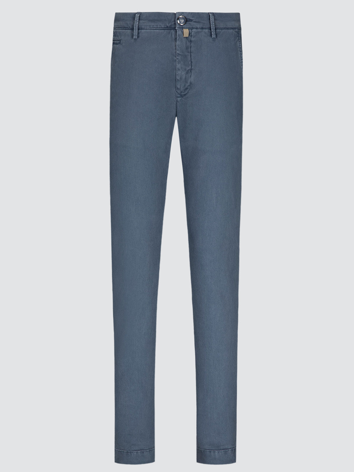 A pair of slim-fit blue jeans shown flat against a light gray background.