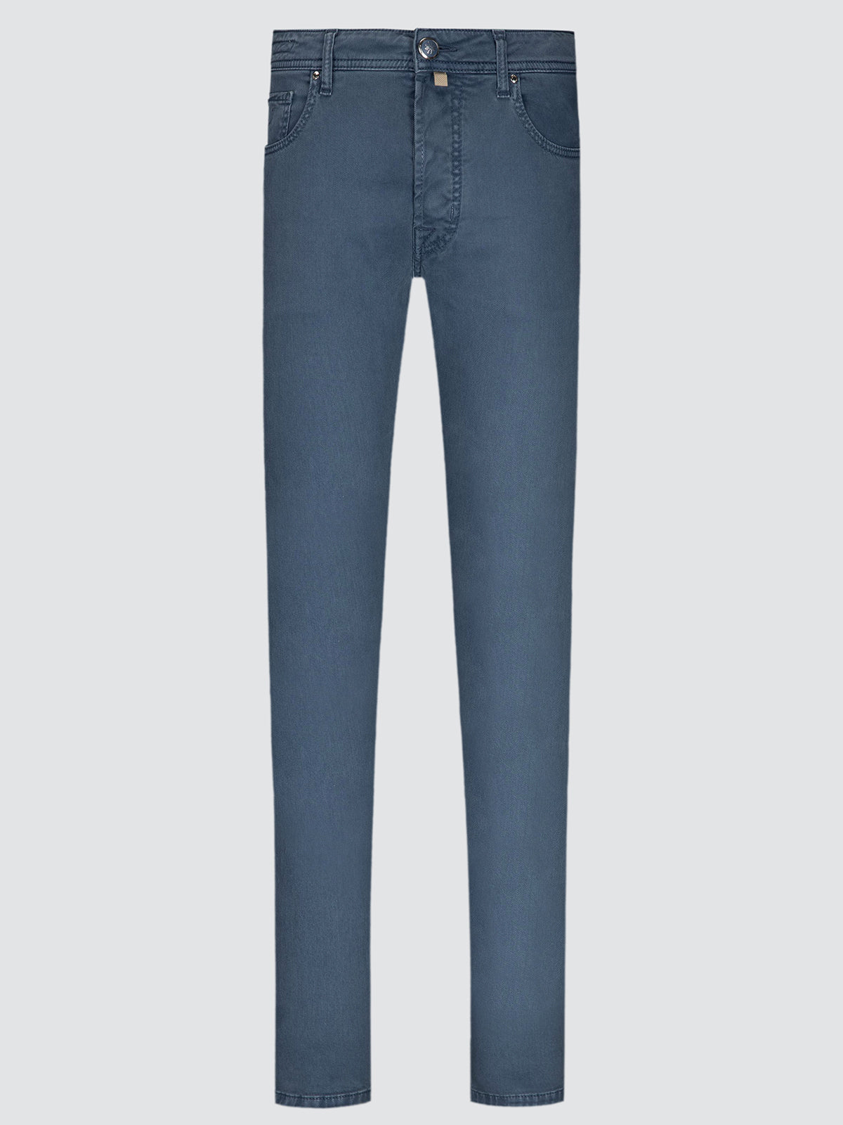 A pair of slim-fit blue denim jeans shown flat against a light gray background.