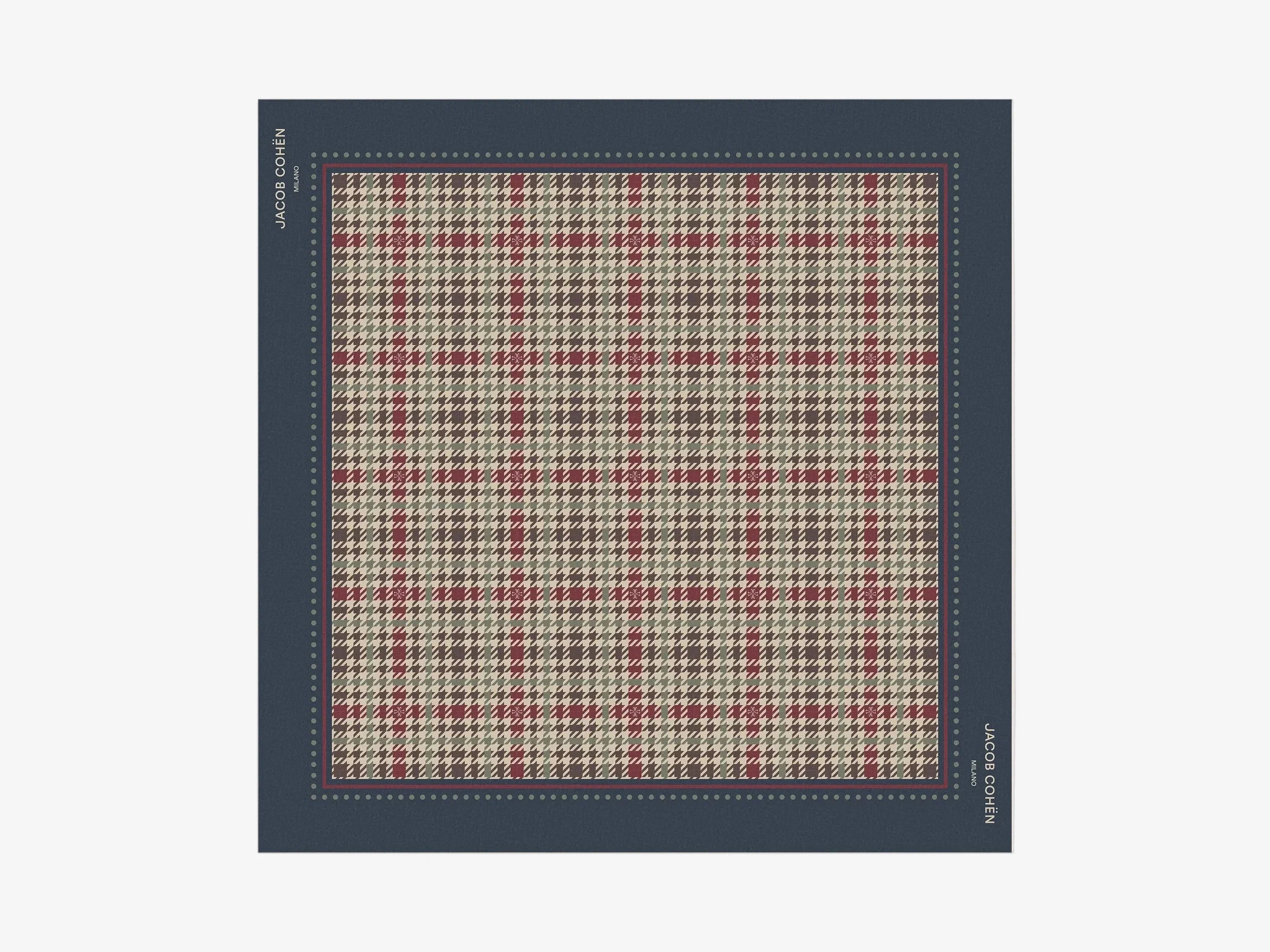 A square bandana by Jacob Cohen, featuring a detailed houndstooth pattern in red, beige, and gray, framed by a solid navy blue border with white text at the top and bottom.