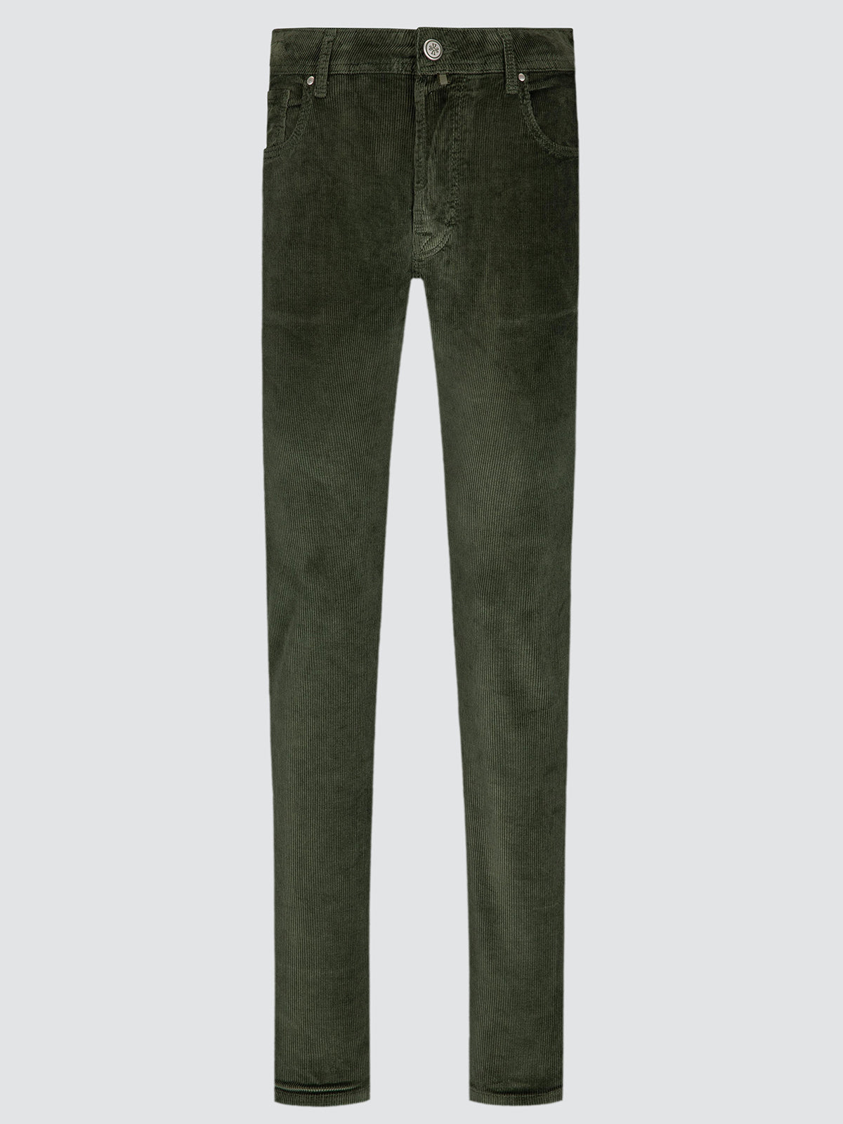 Dark olive green corduroy slim-fit jeans shown flat against a light gray background.