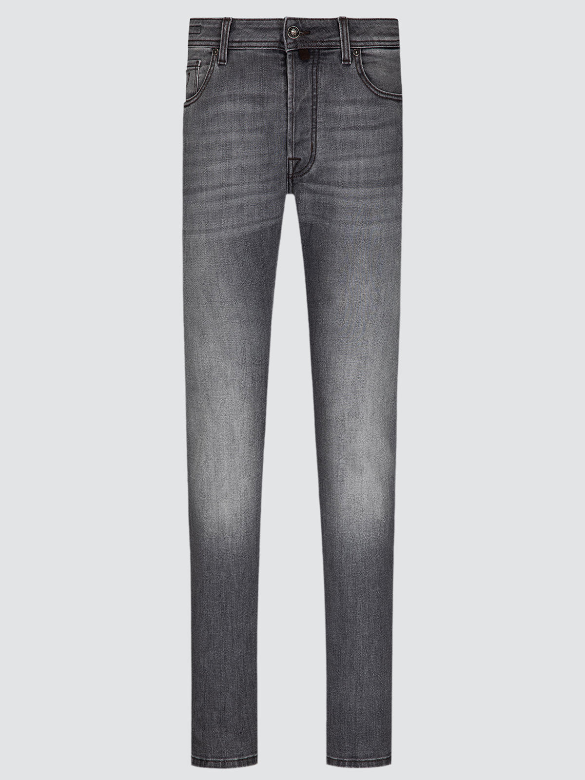 A pair of slim-fit gray denim jeans with a faded wash, shown flat against a light gray background.