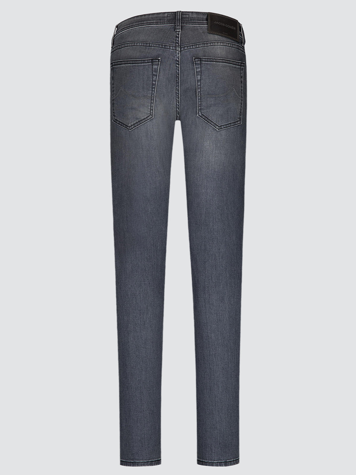 Back view of a pair of slim-fit jeans in a washed dark gray denim, showing the back pockets and waistband on a light gray background.