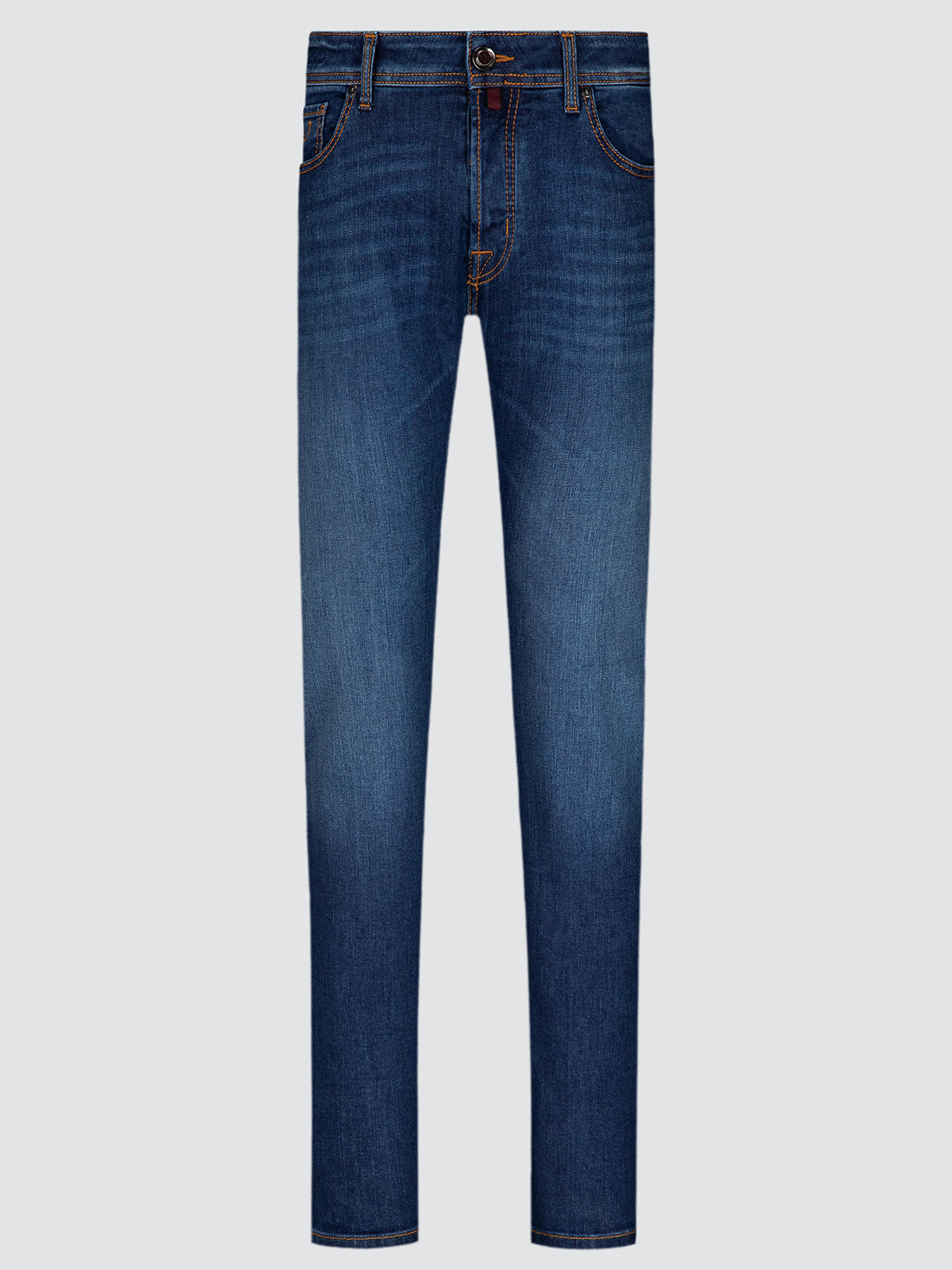 A pair of classic blue denim jeans with a medium wash, shown flat against a light gray background.