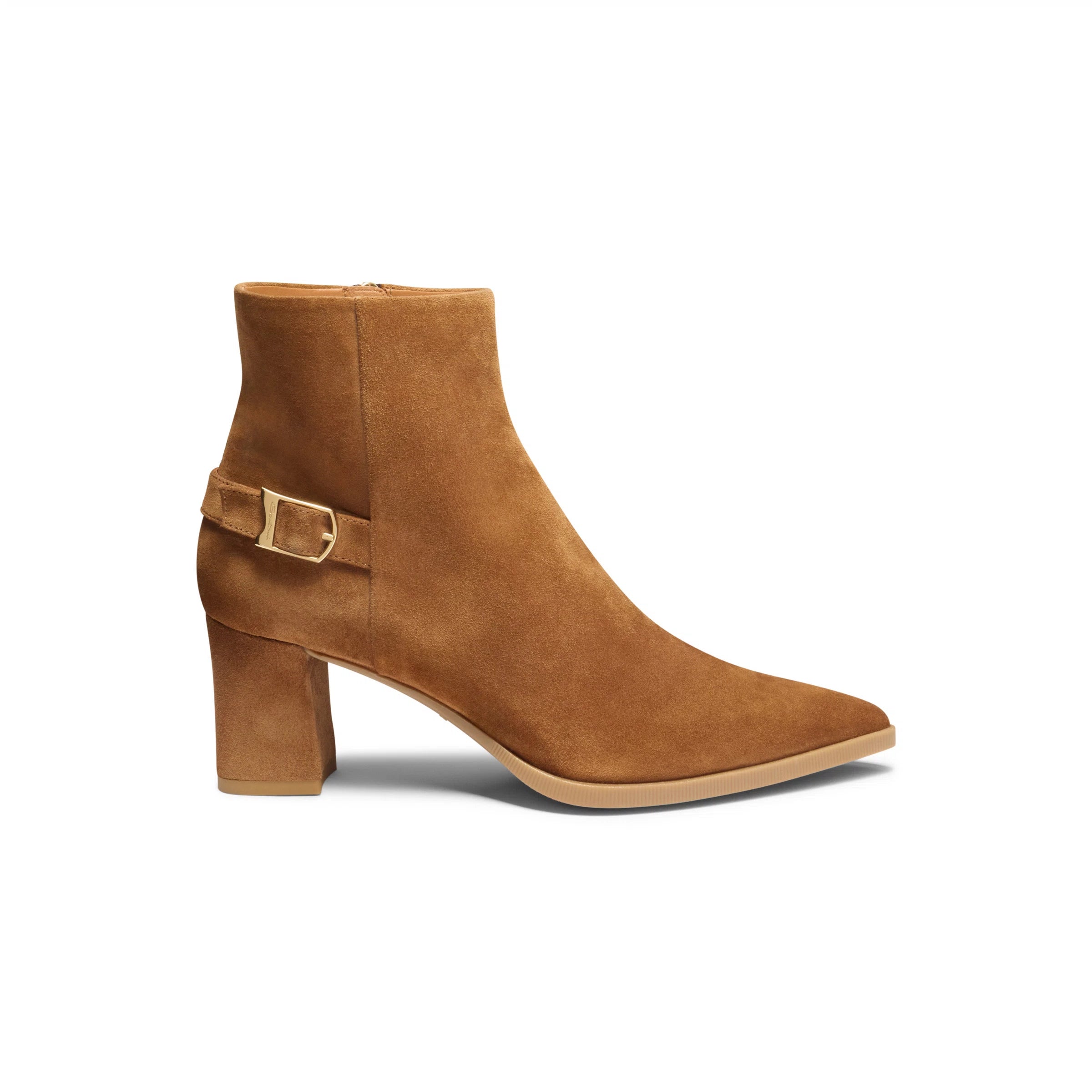 light brown suede mid-heel ankle boot
