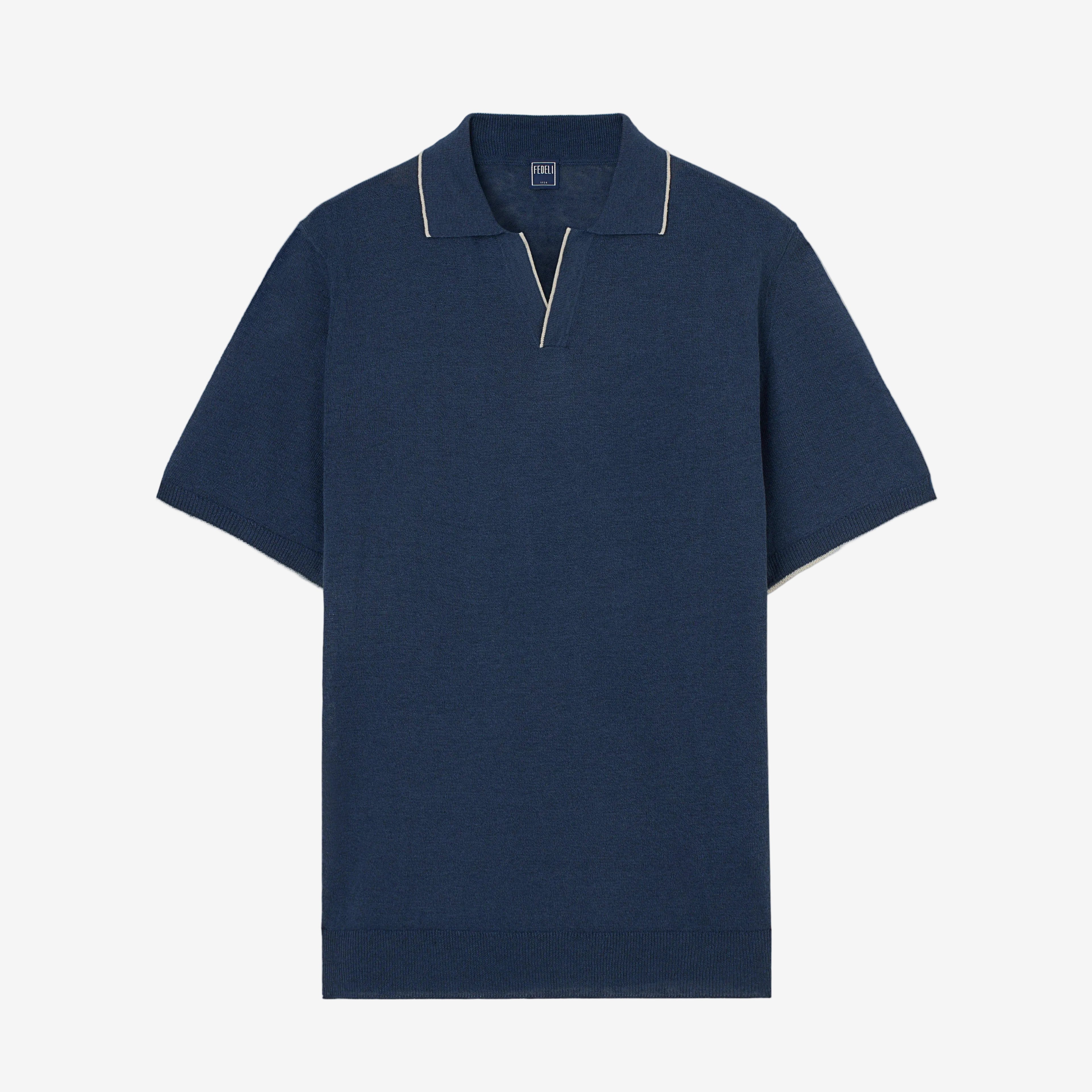 blue linen open neck polo