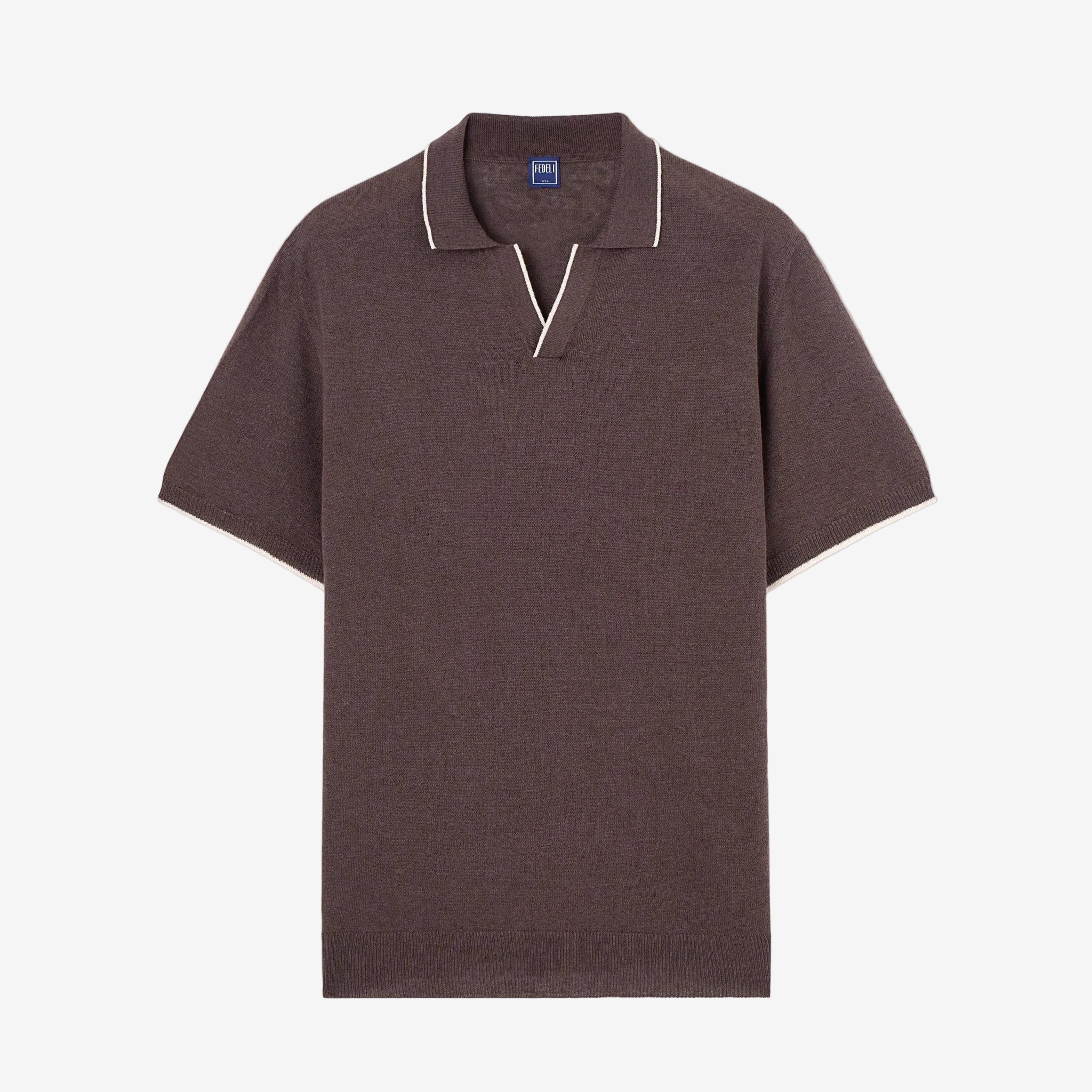 Light brown Delta Cotton and Linen V-Neck Knit Polo