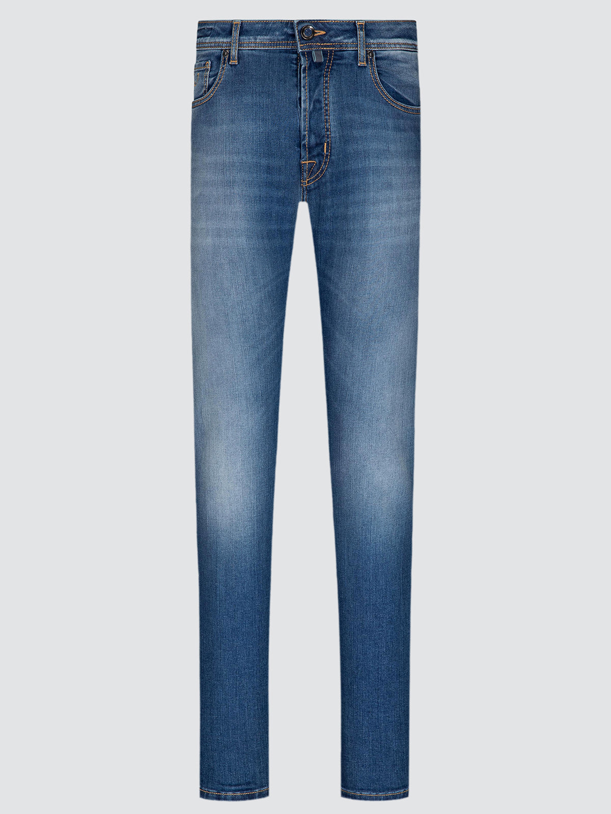 A pair of slim-fit blue jeans with a faded wash, shown flat against a light gray background.