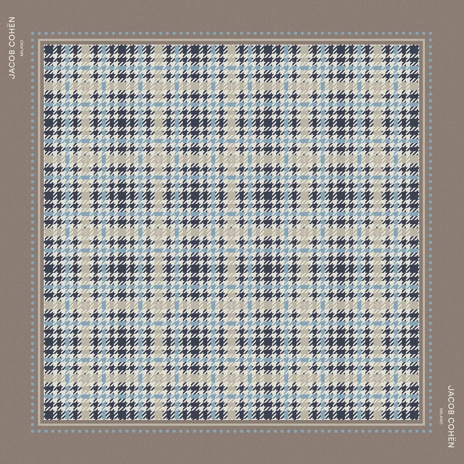 A square bandana with a blue, beige, and gray plaid pattern, presented on a taupe background with JacobCohen printed on the corners.