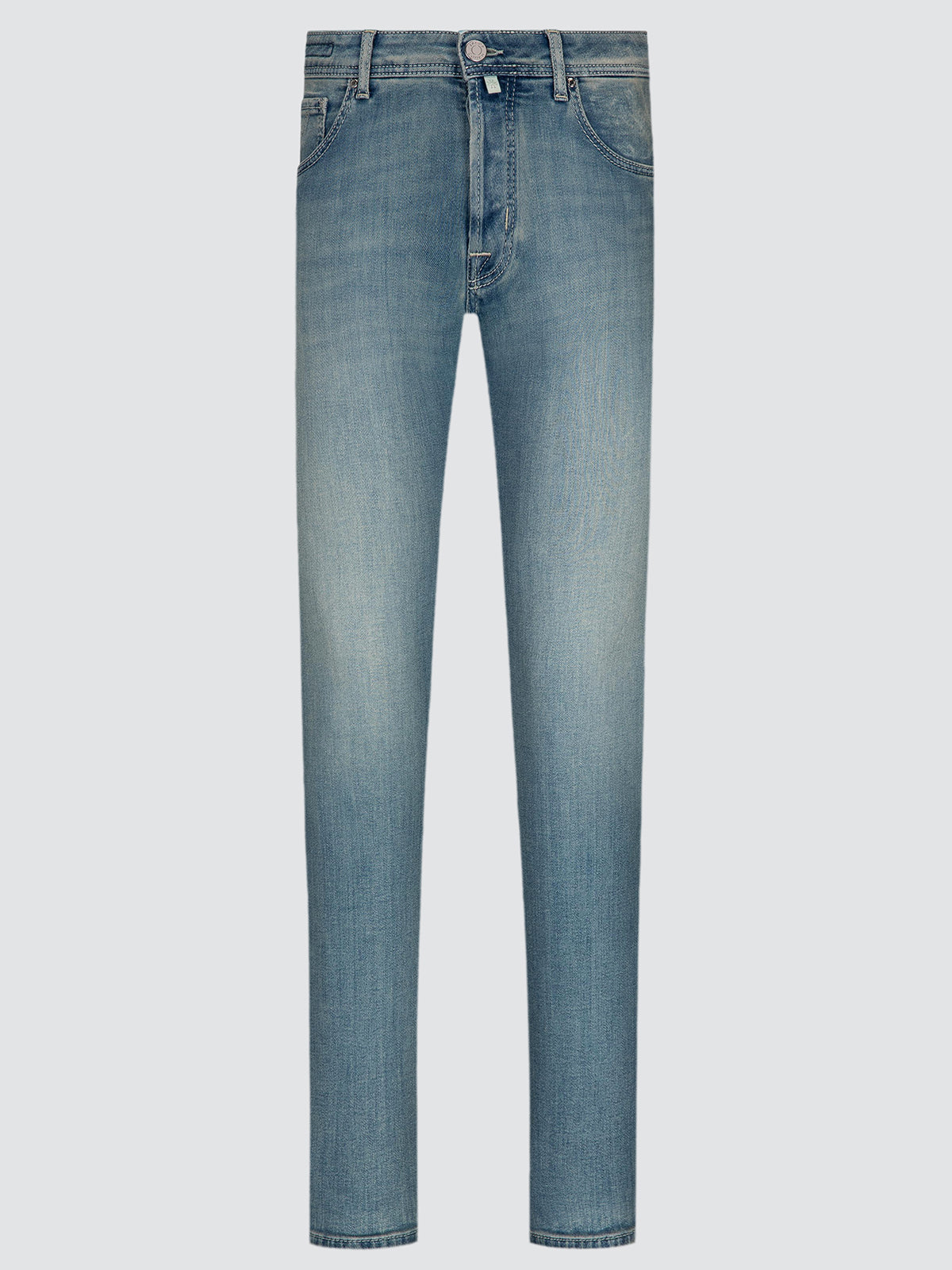 Light blue slim-fit denim jeans shown flat against a light gray background.
