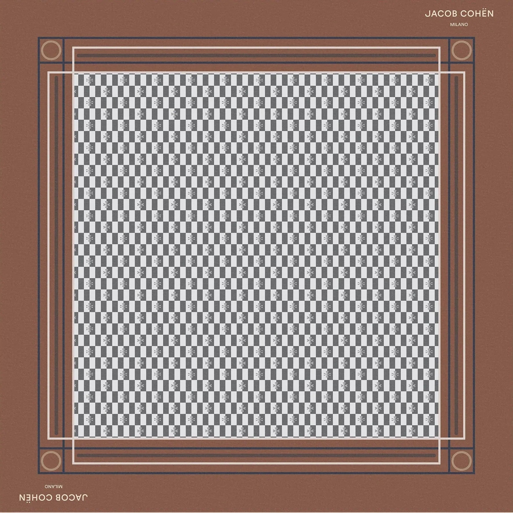 A square bandana by Jacob Cohen, featuring a brown border with a central gray and white checkerboard pattern, displayed flat against a light beige background.