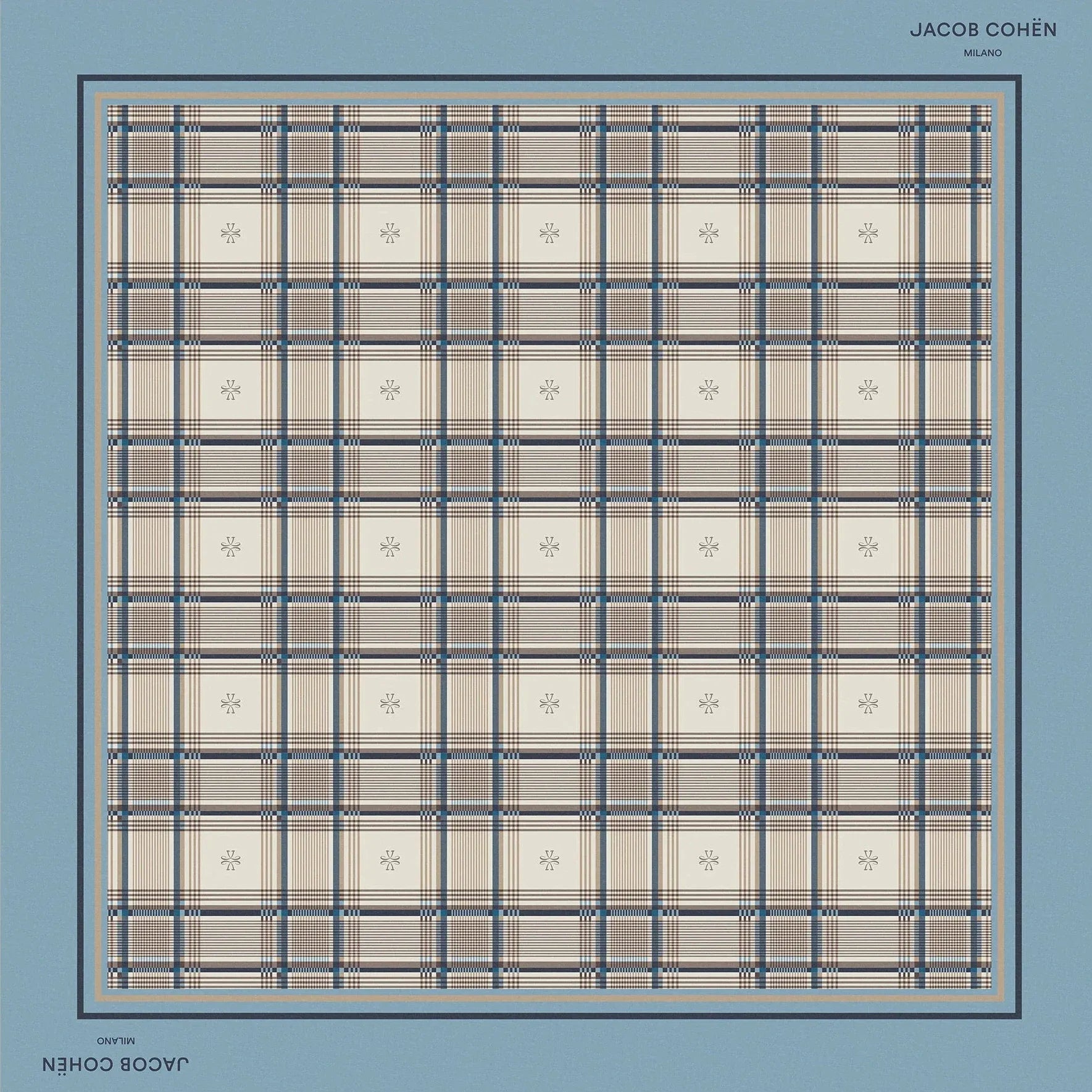 A square scarf featuring a plaid pattern in beige, blue, and gray, framed by a solid blue border. The brand names 'JACOB COHEN' are printed on the corners of the blue border.