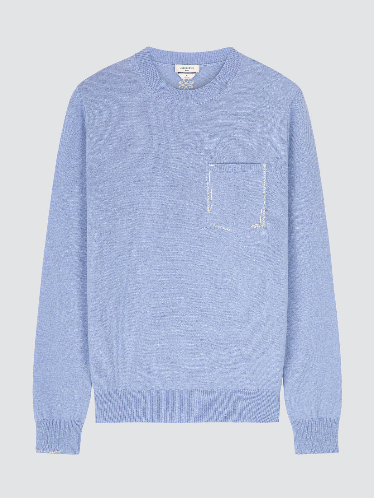 Light blue sweater cashmere with a pocket on a light gray background