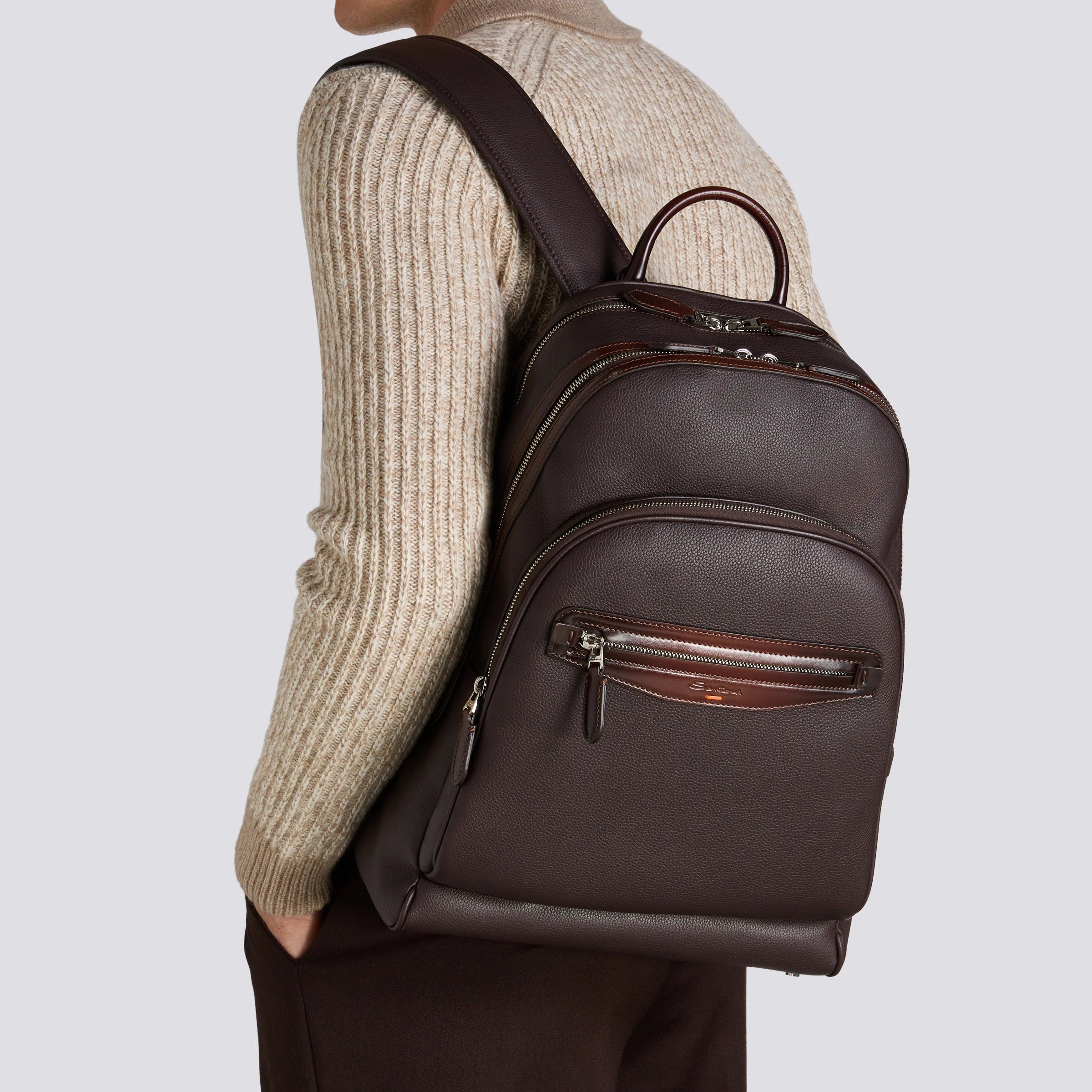 Dark brown tumbled leather backpack
