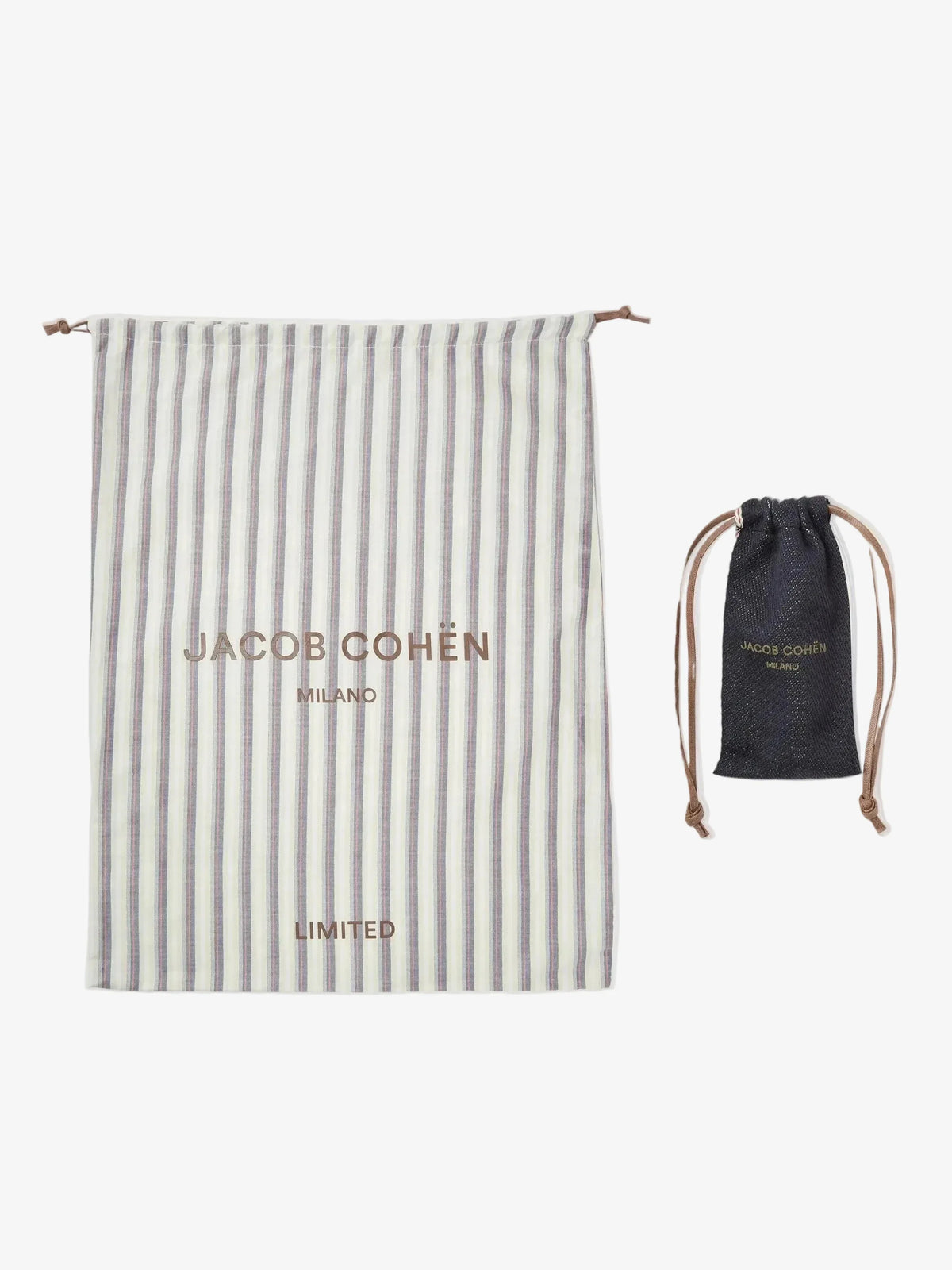 Striped drawstring bag and black drawstring pouch with 'Jacob Cohen' branding on a white background.