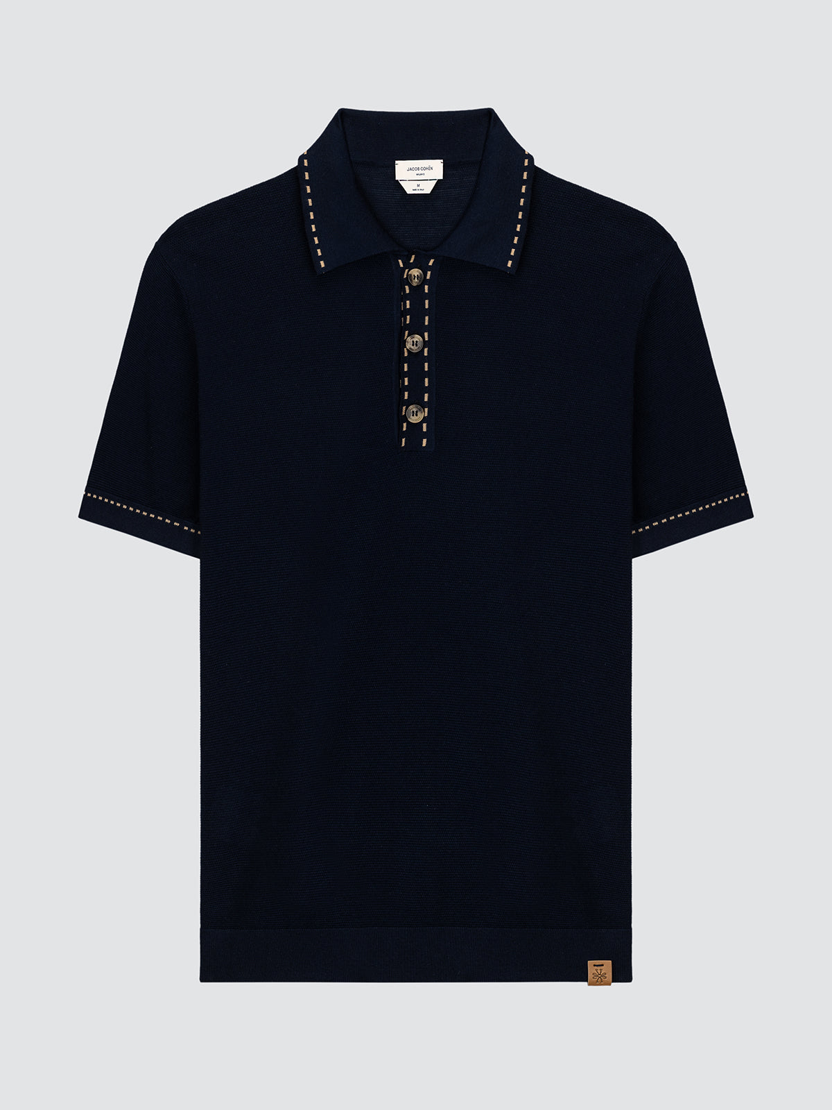 Navy blue Jacob Cohen  polo shirt with horn buttons on a light gray background