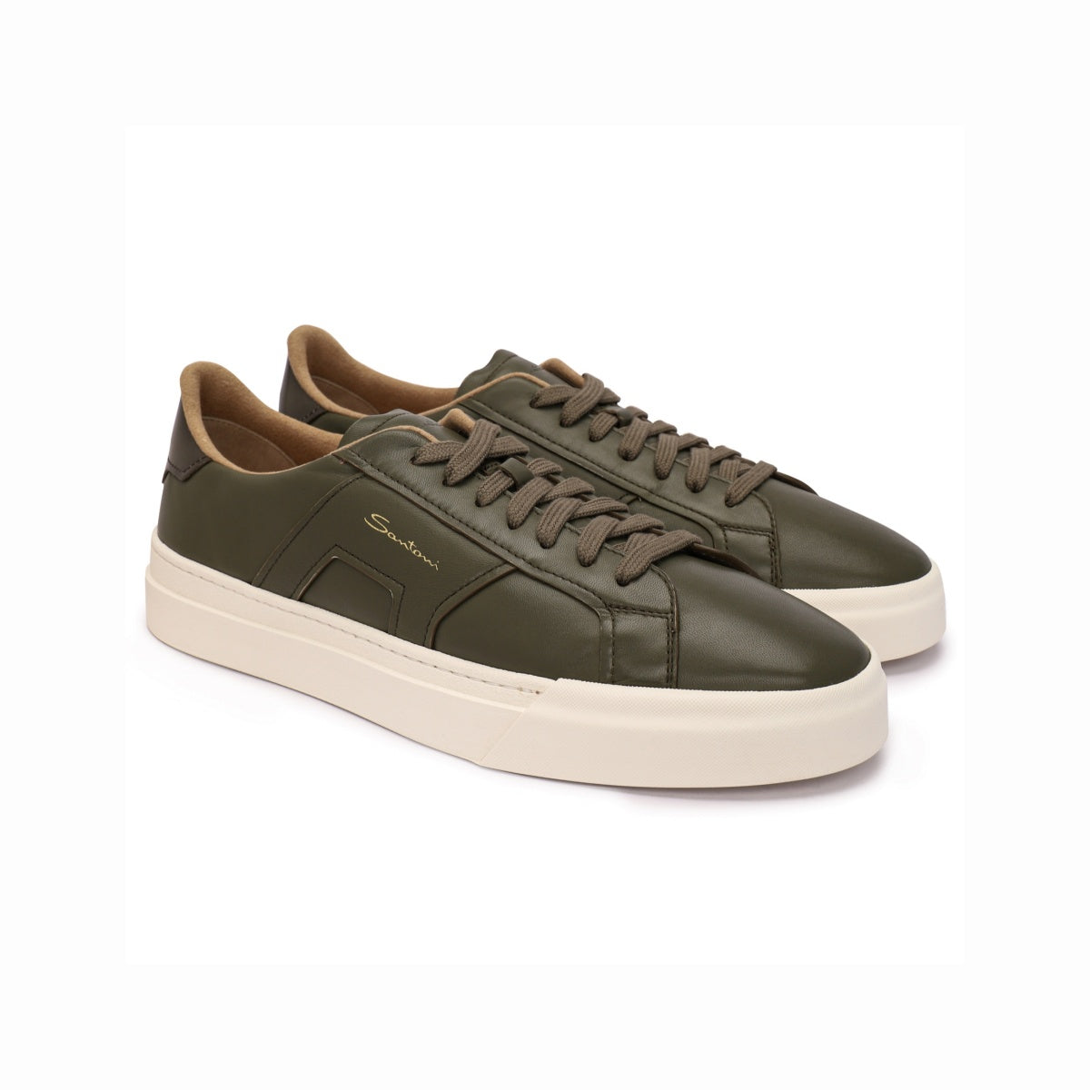 Green leather wool lining double buckle sneakers