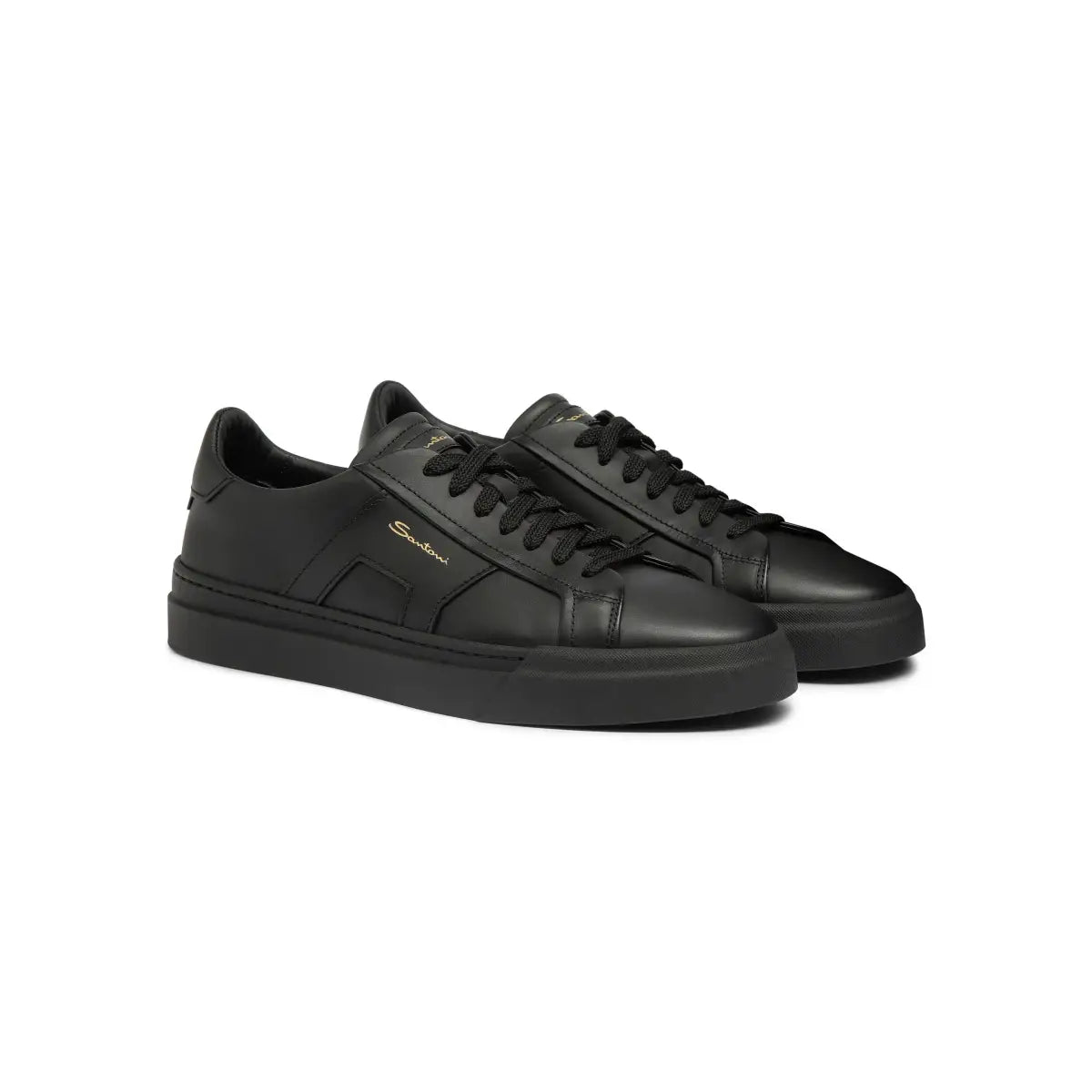 santoni-black-leather-double-buckle-sneakers