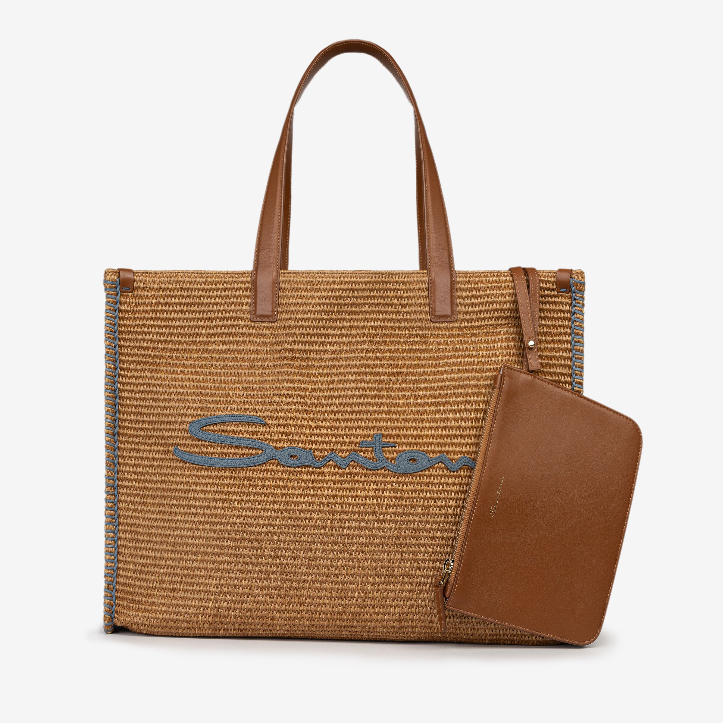 Beige raffia & leather beach bag