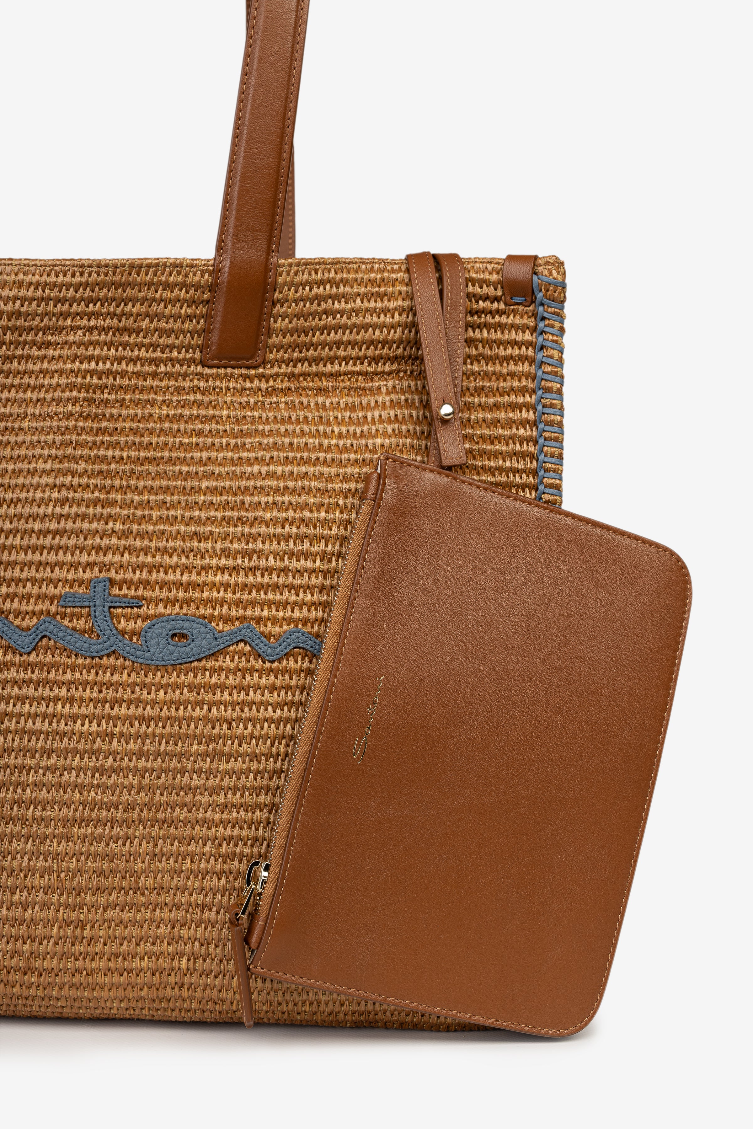 Beige raffia & leather beach bag