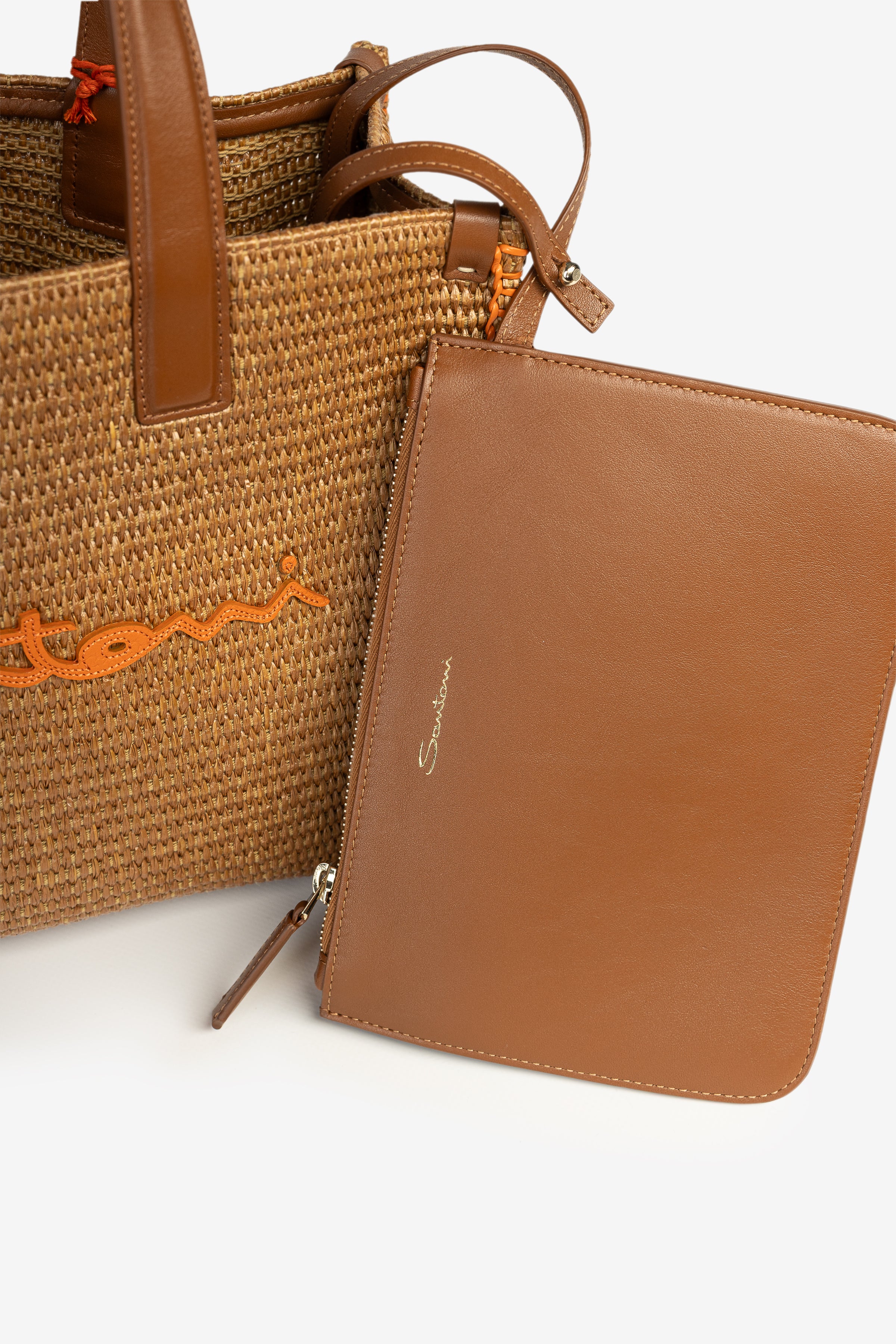 Beige raffia & leather small beach bag