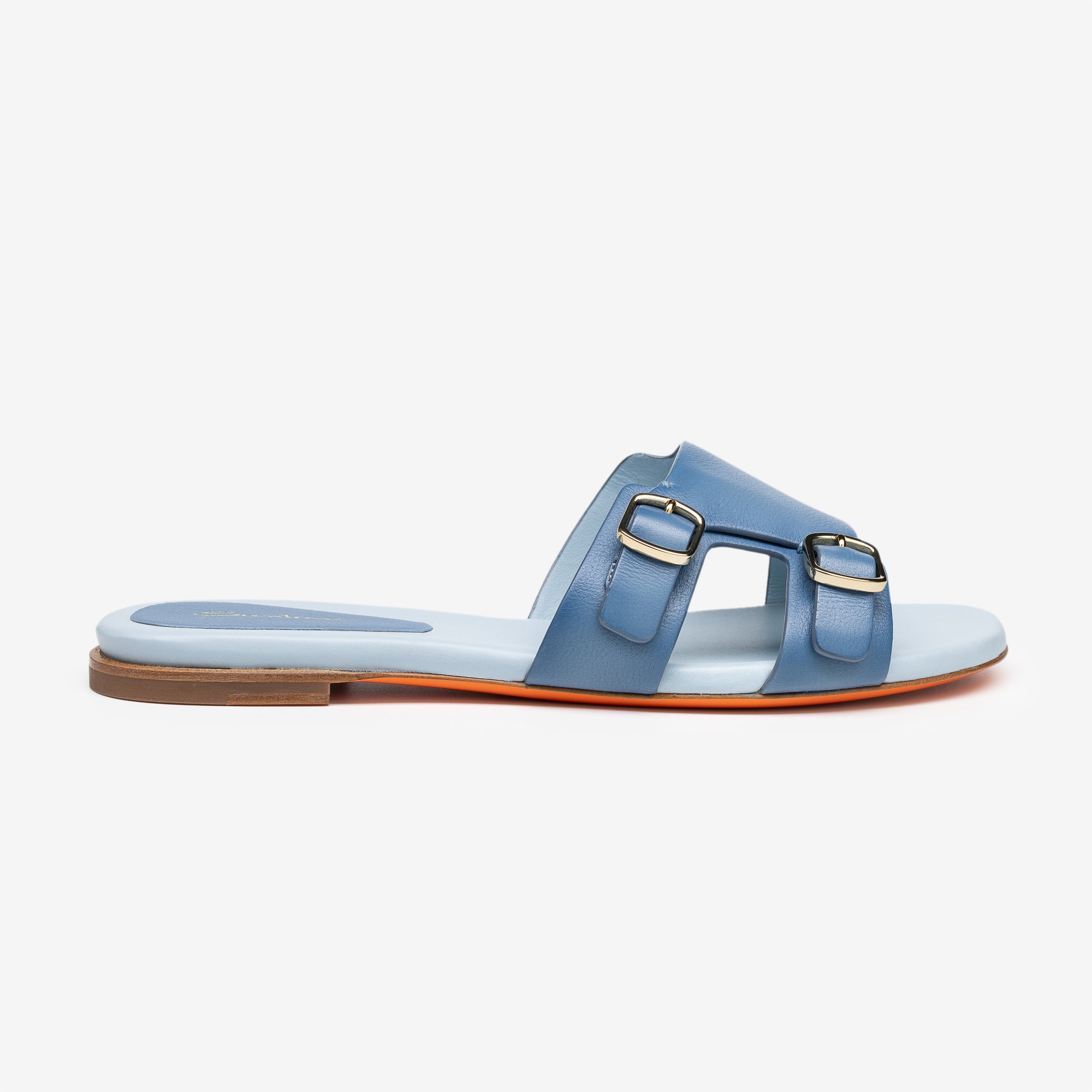 Light Blue Double-Buckle Leather Slides