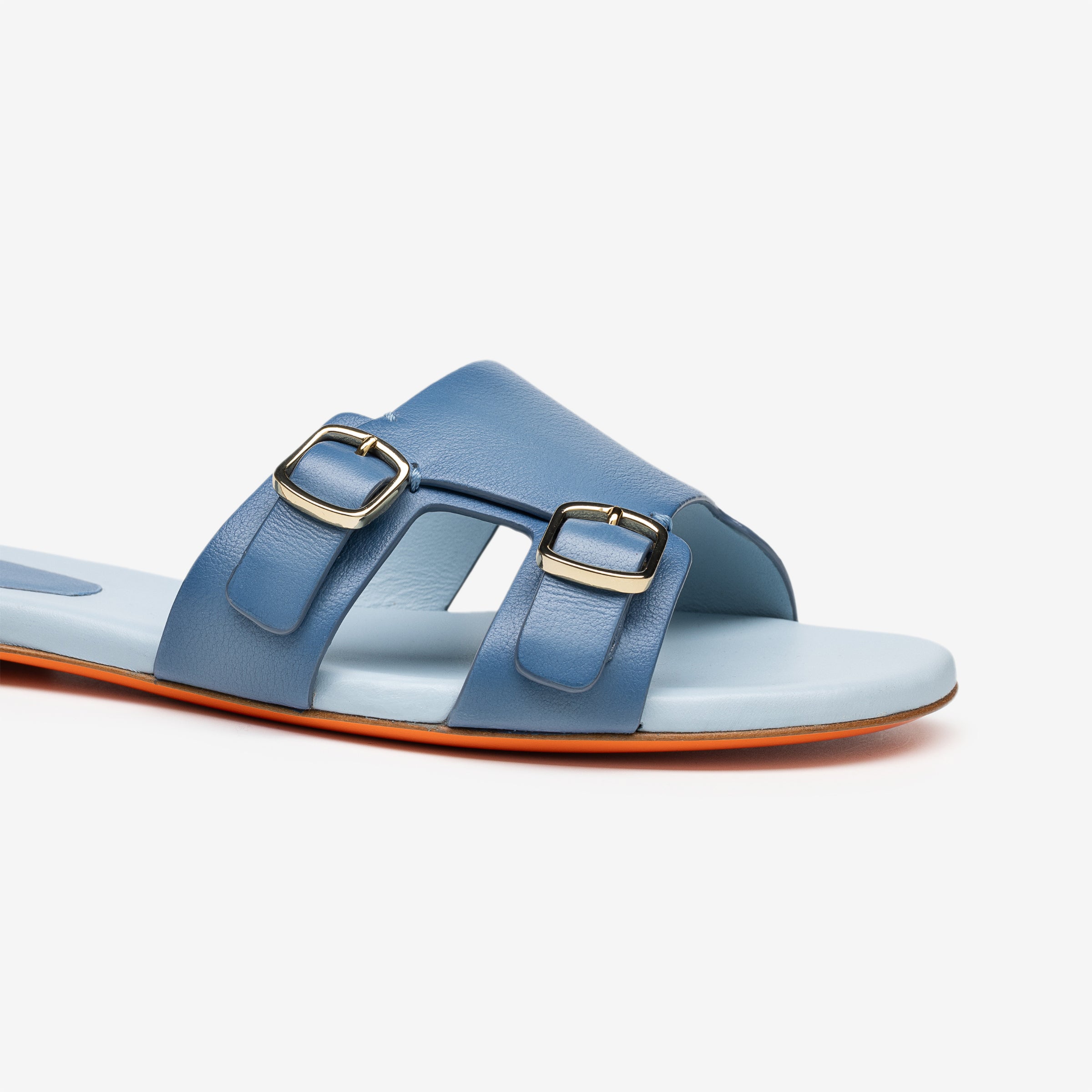 Light Blue Double-Buckle Leather Slides