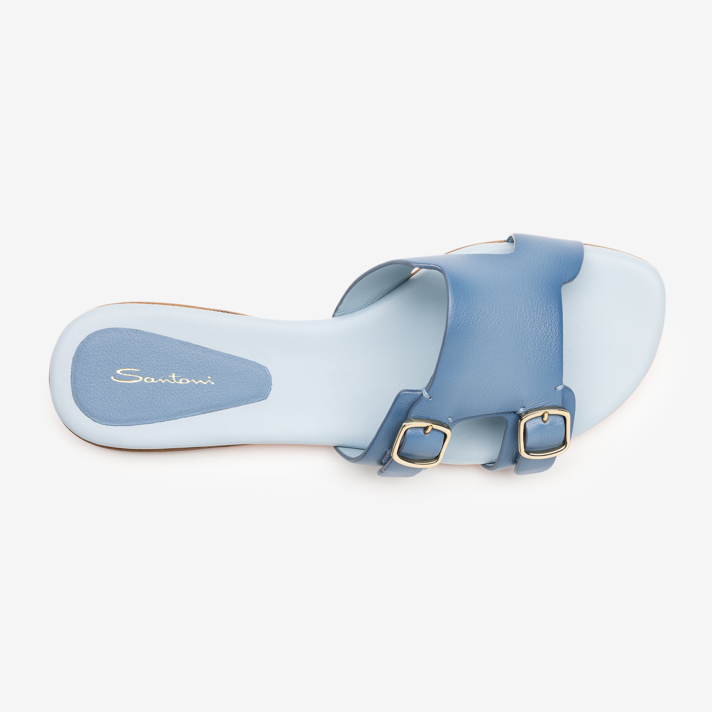 Light Blue Double-Buckle Leather Slides