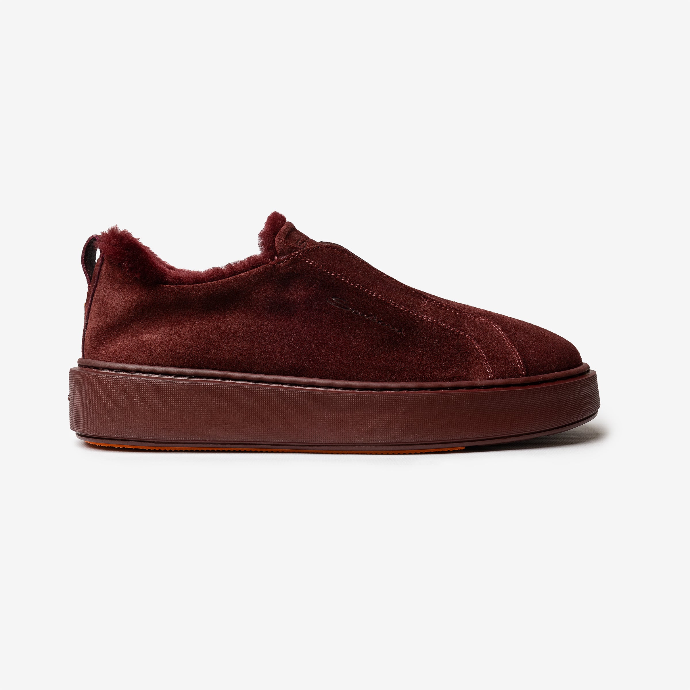 Burgundy suede slip-on sneaker fur lining