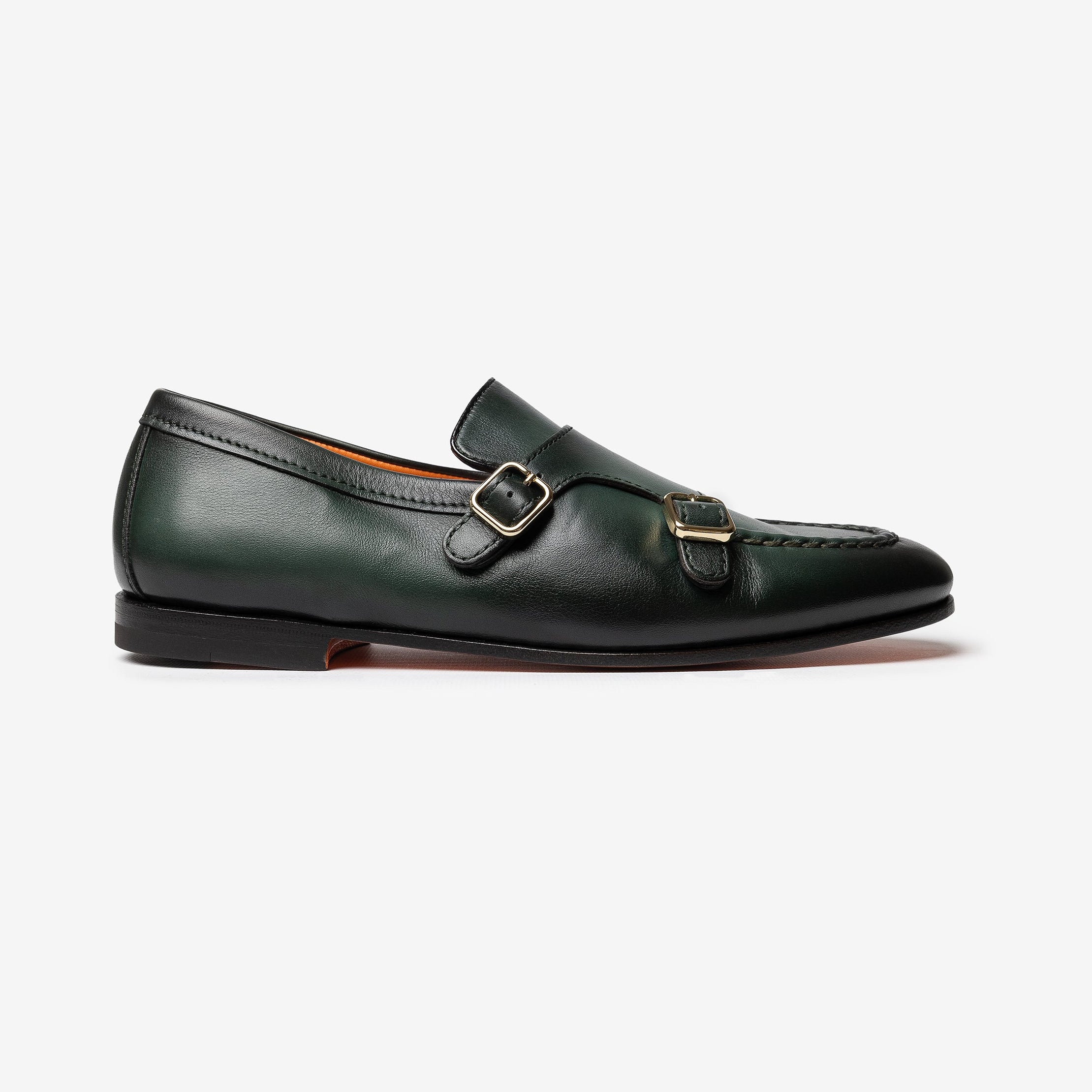Double buckle green leather loafer