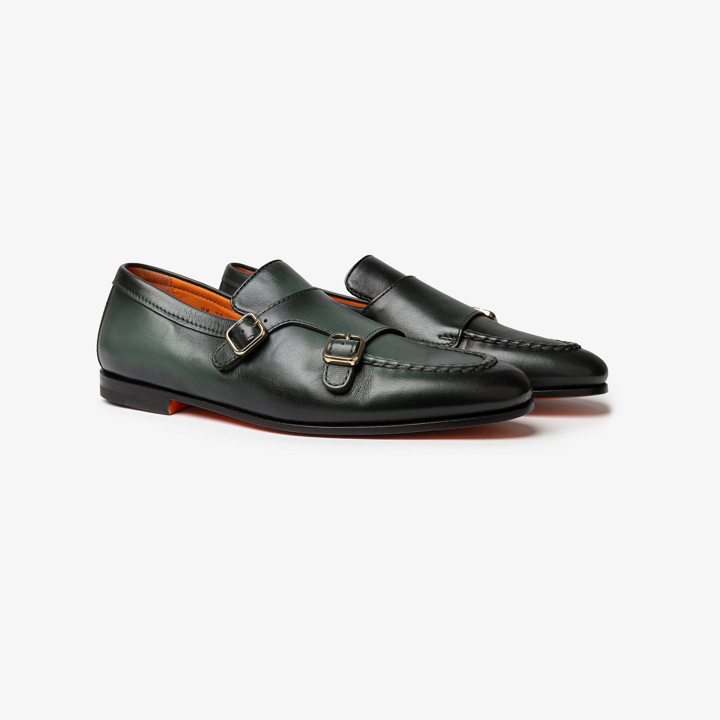 Double buckle green leather loafer