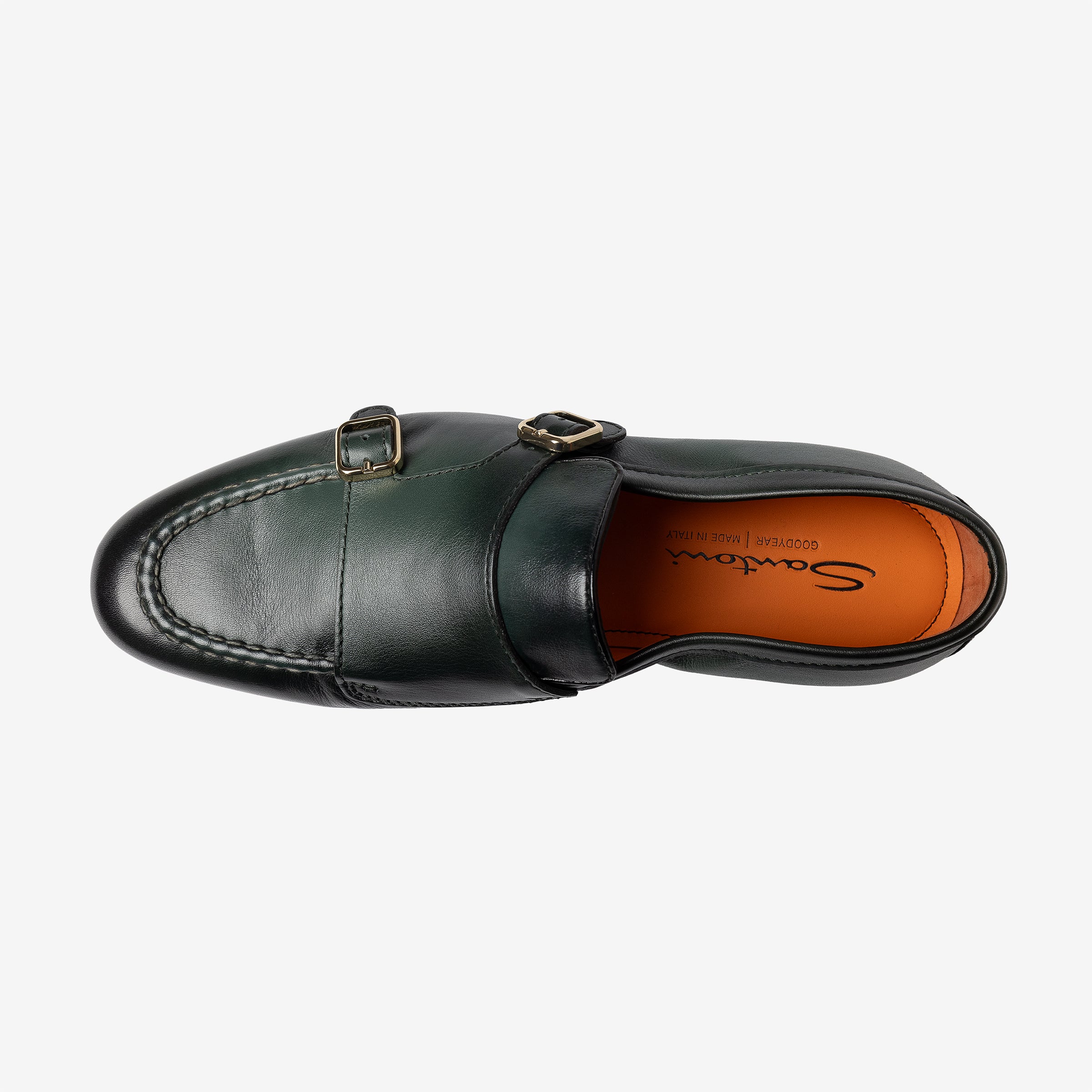 Double buckle green leather loafer