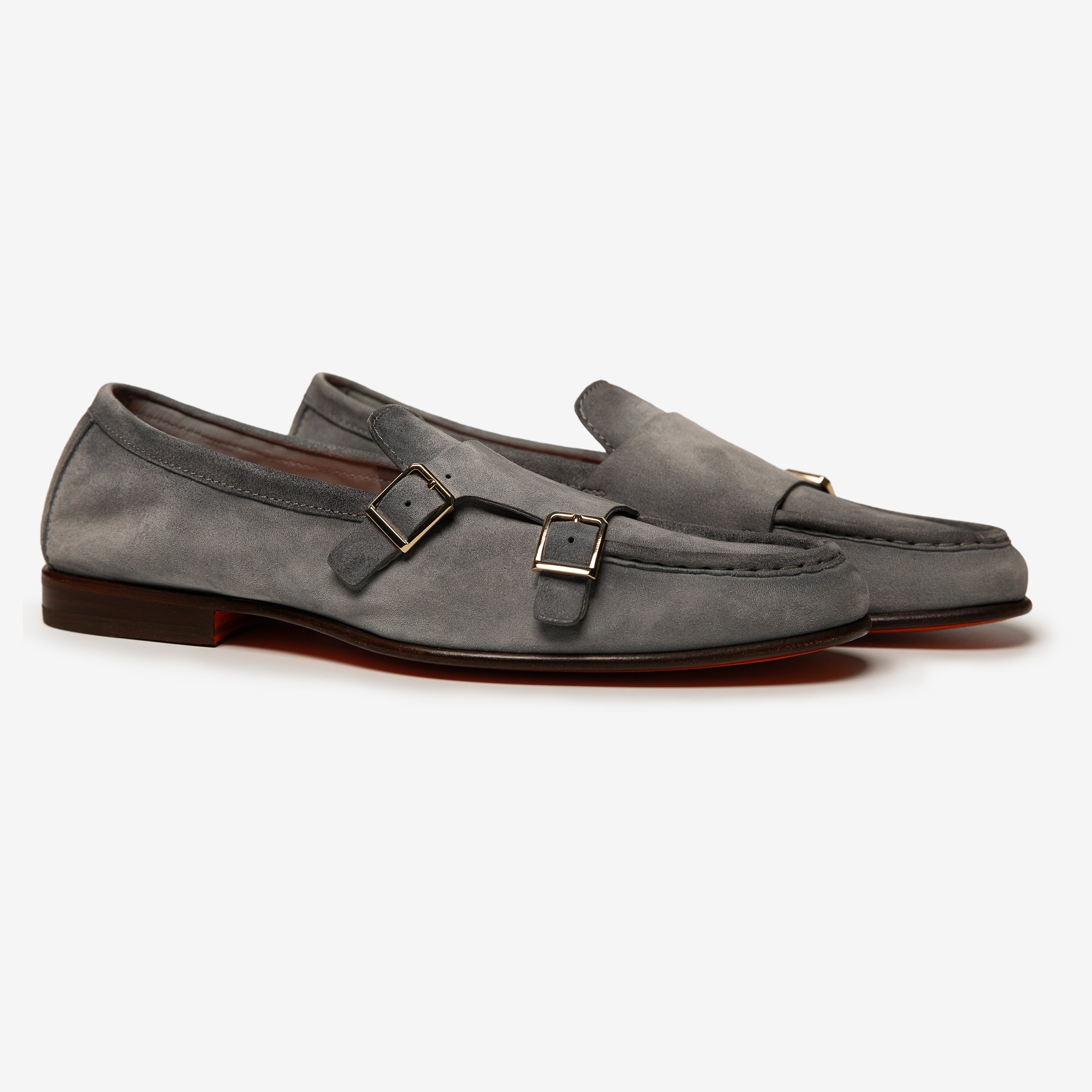 Light gray suede double buckle loafers