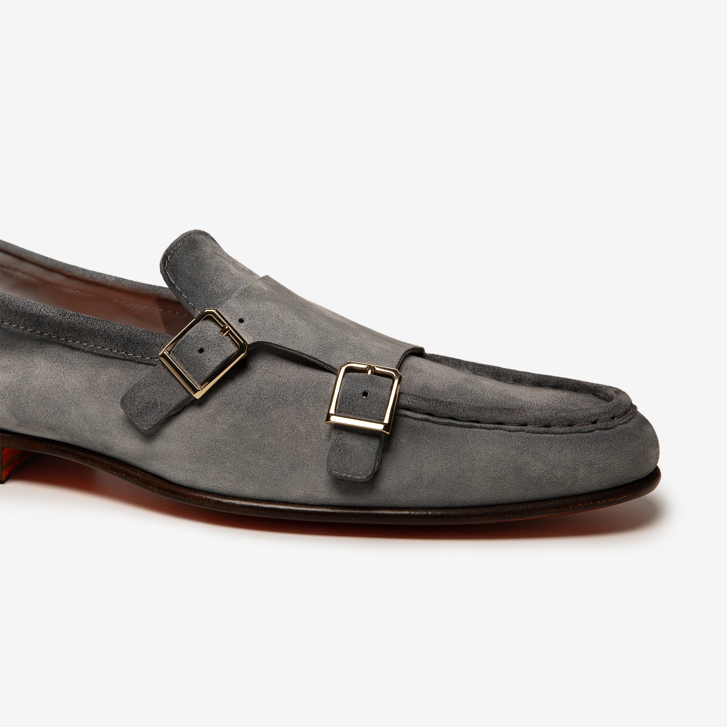 Light gray suede double buckle loafers