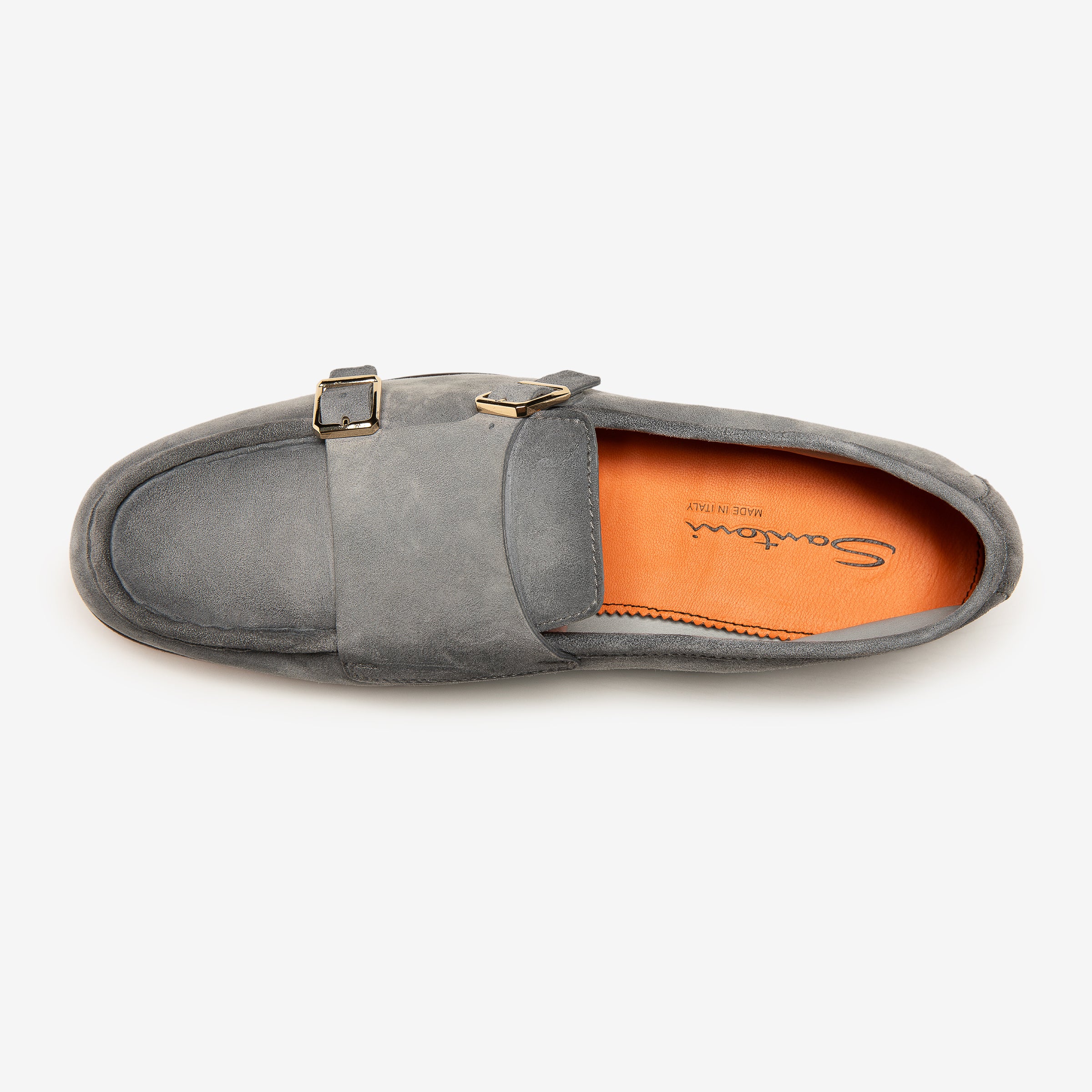 Light gray suede double buckle loafers