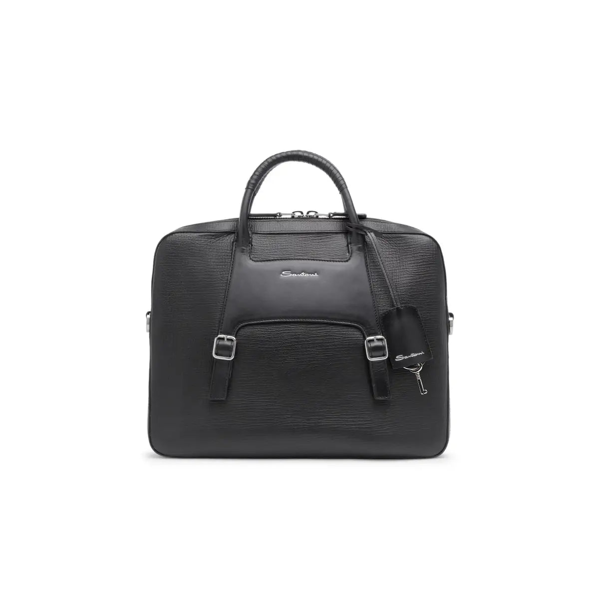 Santoni briefcase black leather. side view.