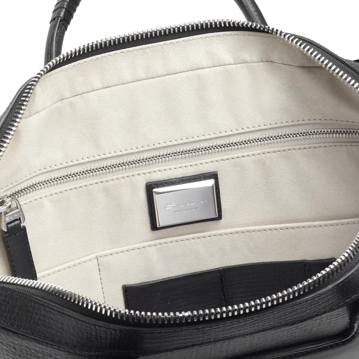 santoni briefcase black leather. inside view.