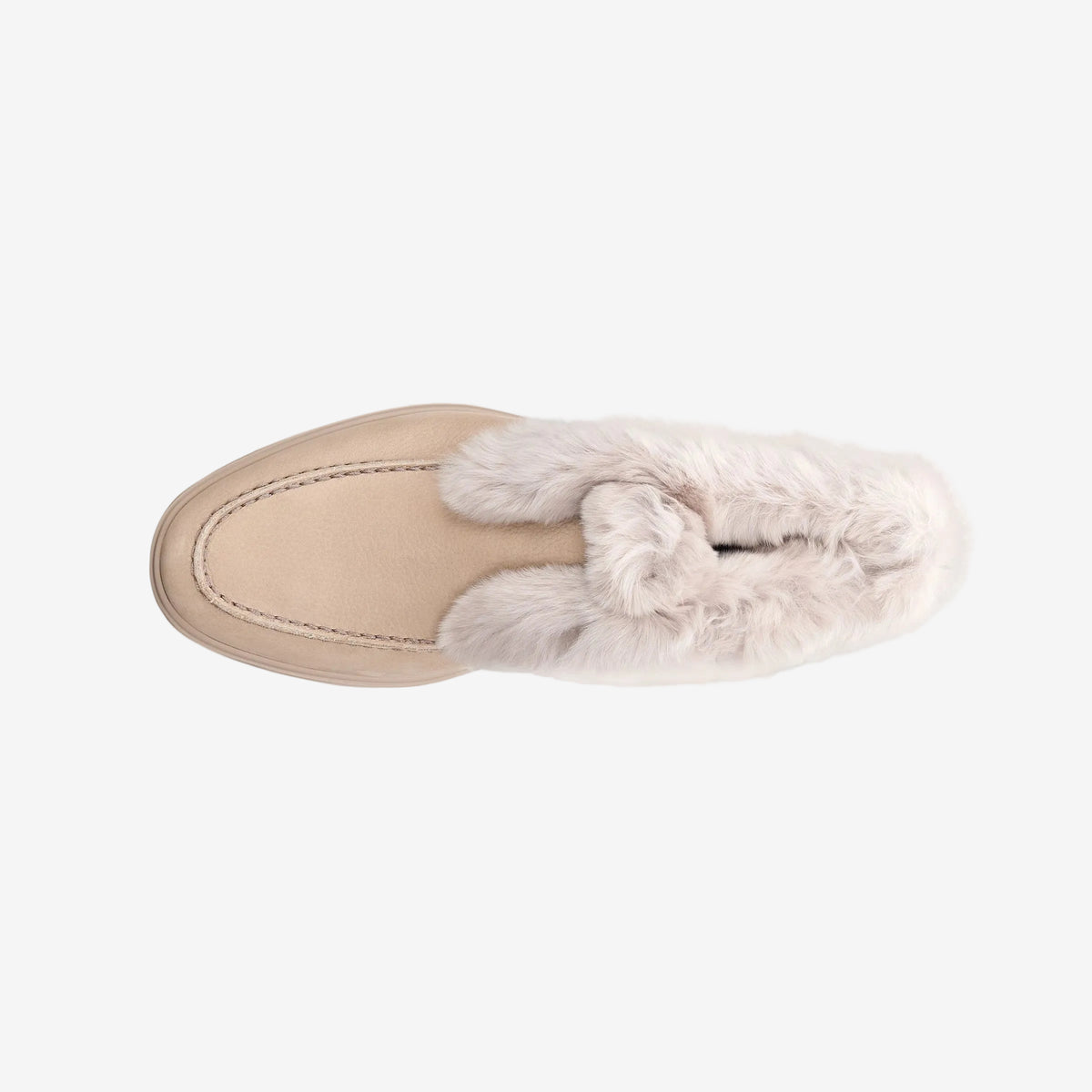 Top view of the beige desert boot showing the fur collar and moccasin stitching