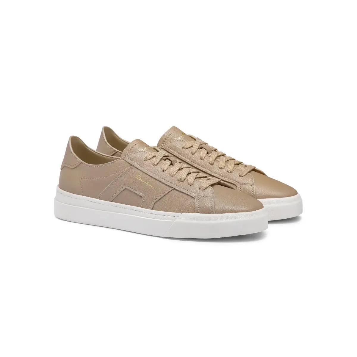 Sneakers double boucle cuir grainé beige