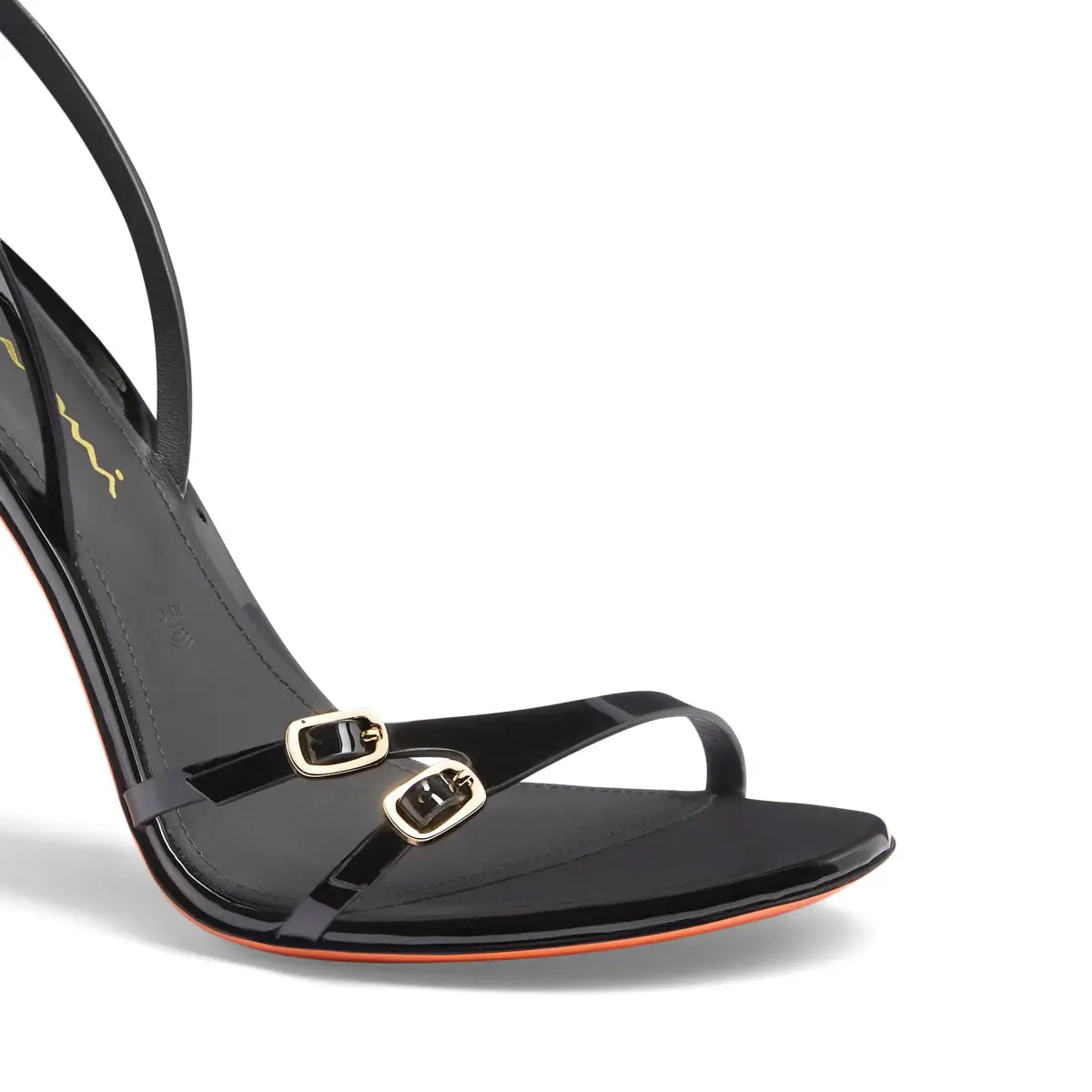 black patent leather high-heel sandal