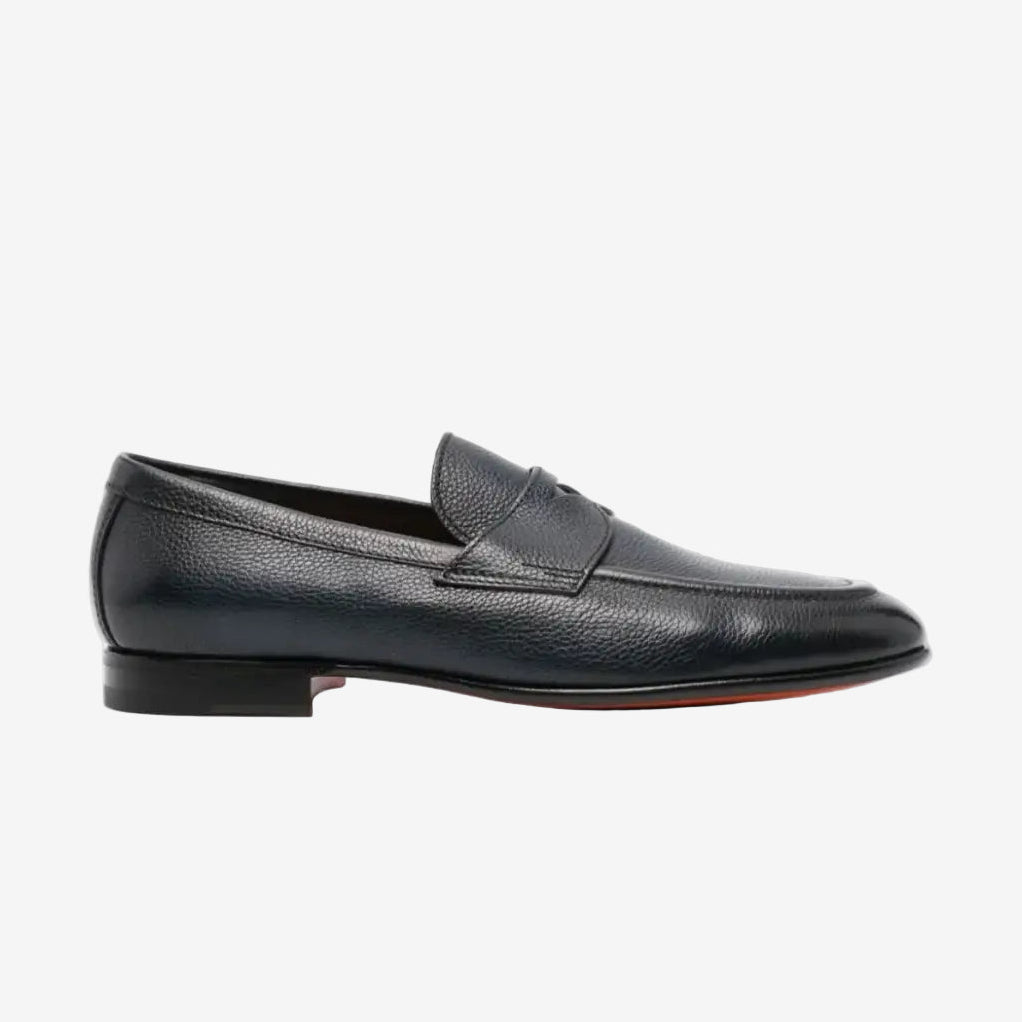 grained dark blue grained leather mocasin santoni .